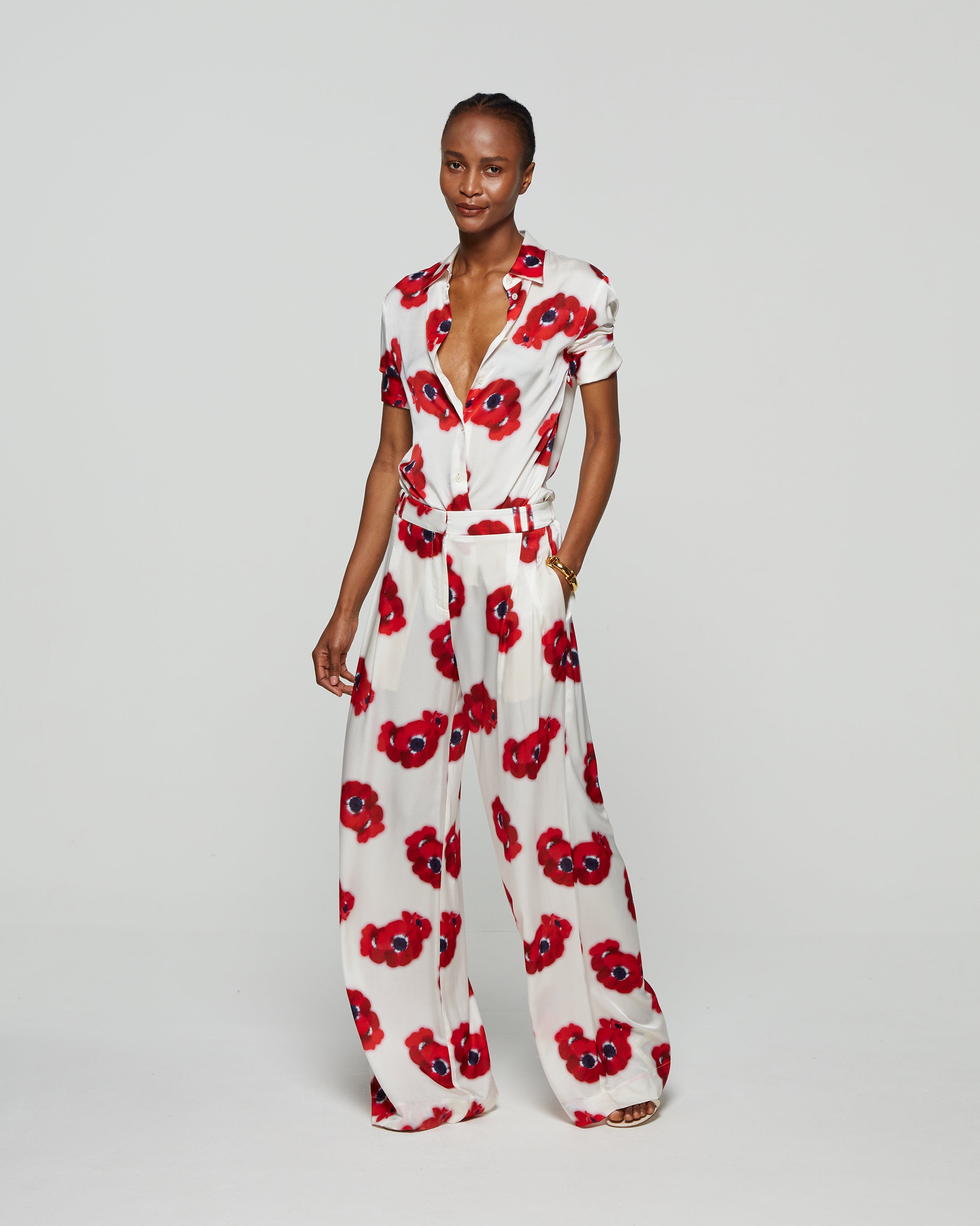 Graphic Poppy Serena Wide Leg Trouser - White/Red