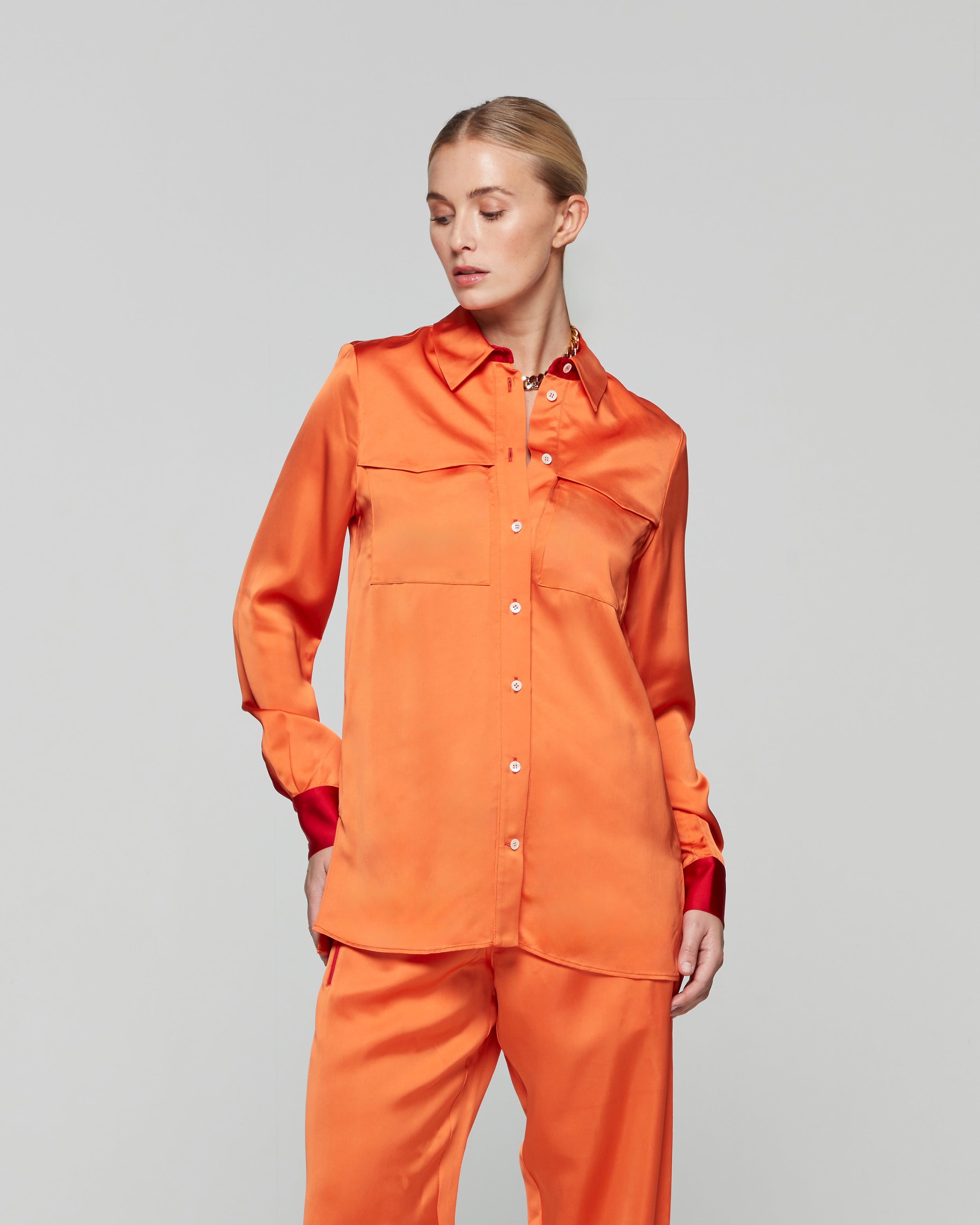 Matte Satin Utility Shirt - Burnt Orange