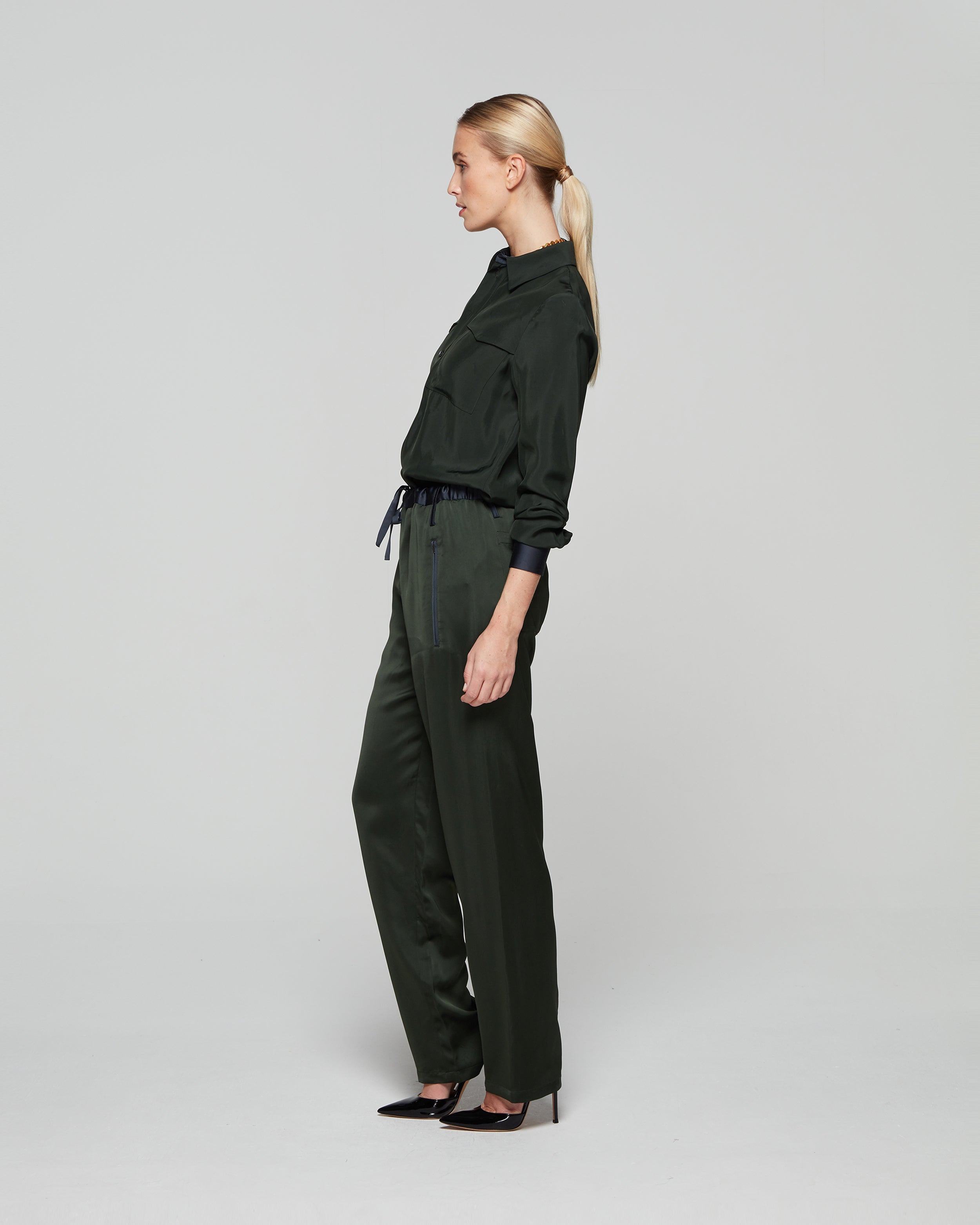 Matte Satin Utility Trouser - Forest Green