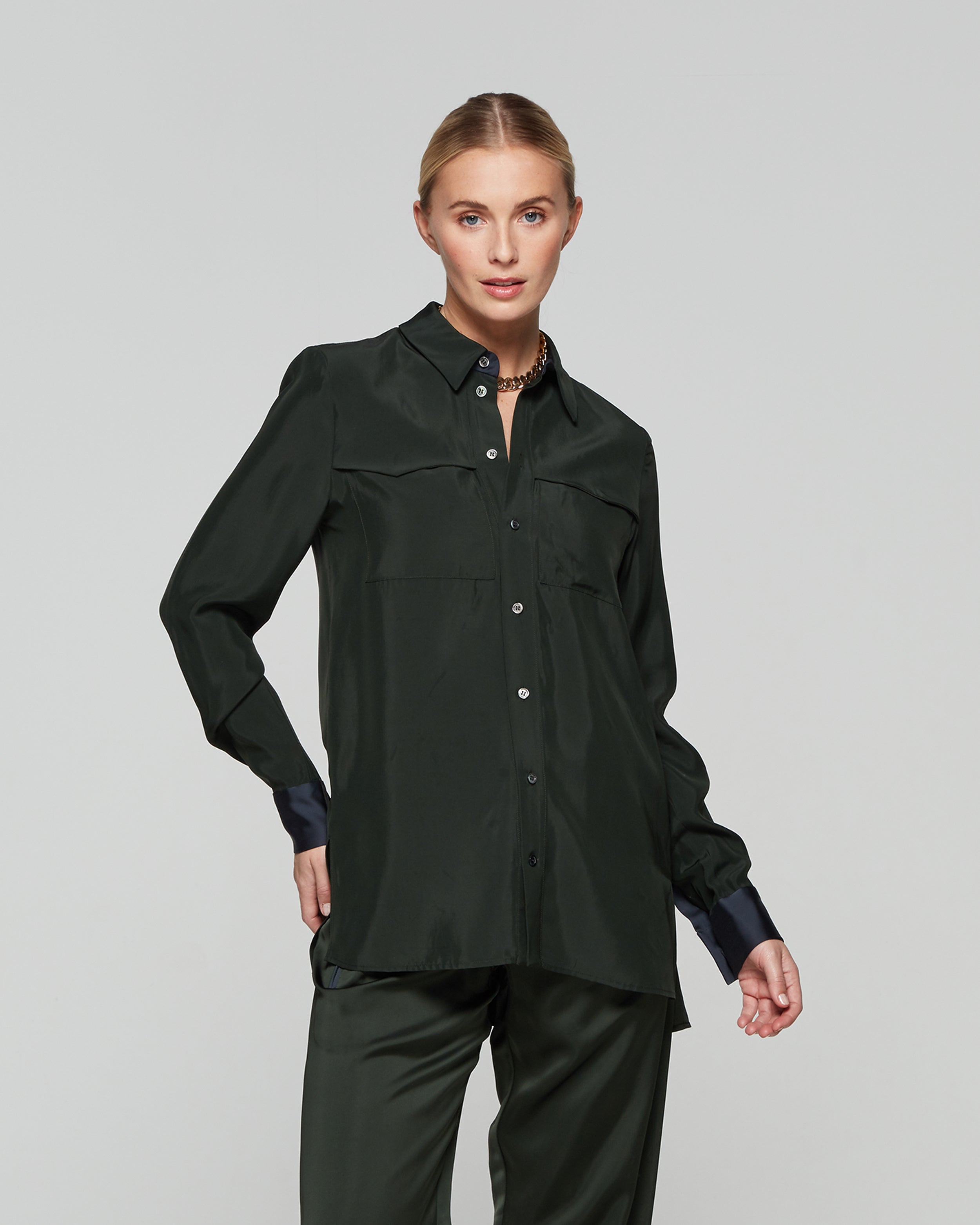 Matte Satin Utility Shirt - Forest Green