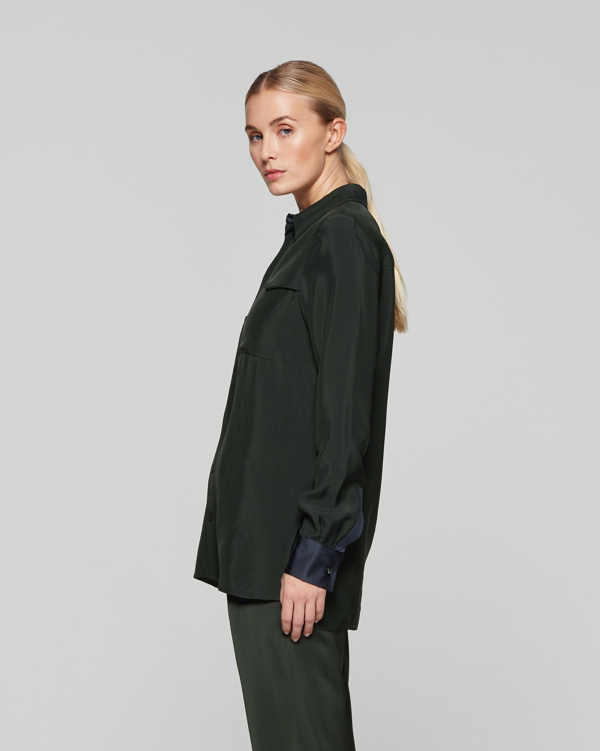 Matte Satin Utility Shirt - Forest Green