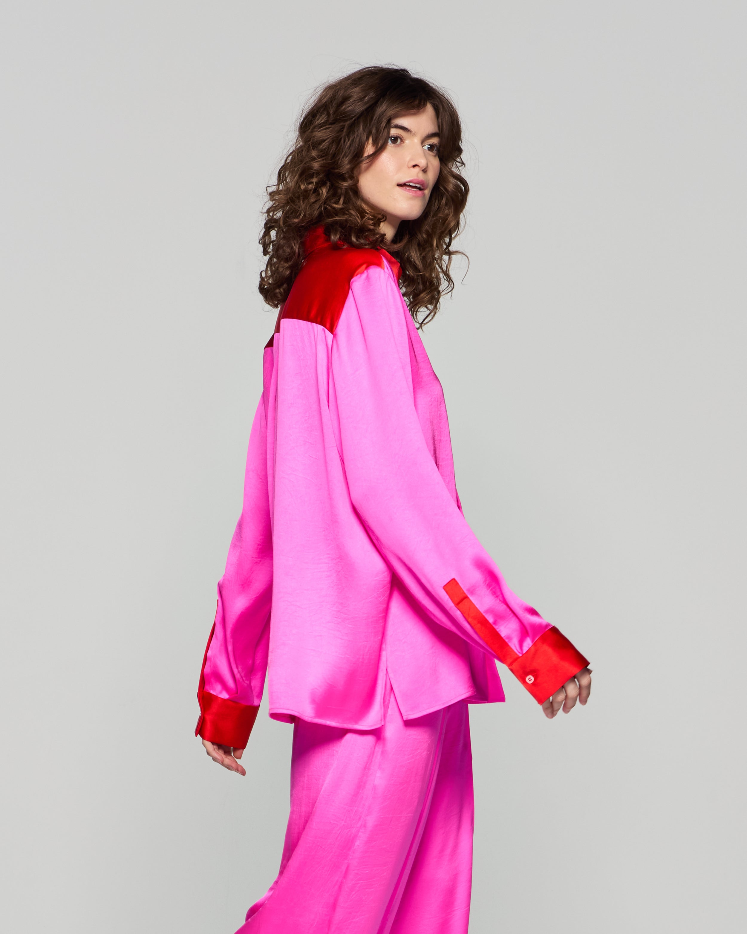 Oversized Colour Block Shirt - Bright Pink/Red