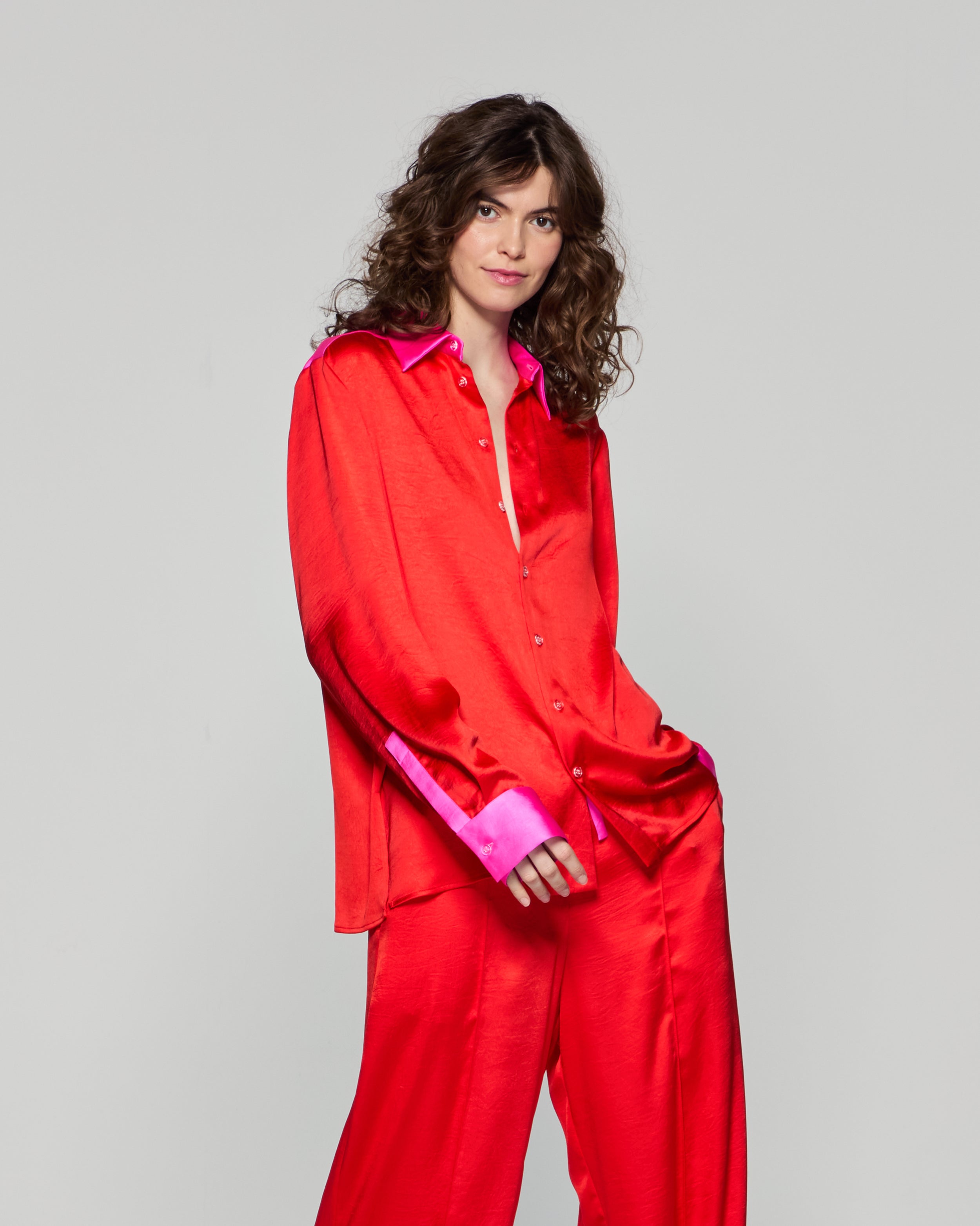 Oversized Colour Block Shirt - Bright Red/Pink