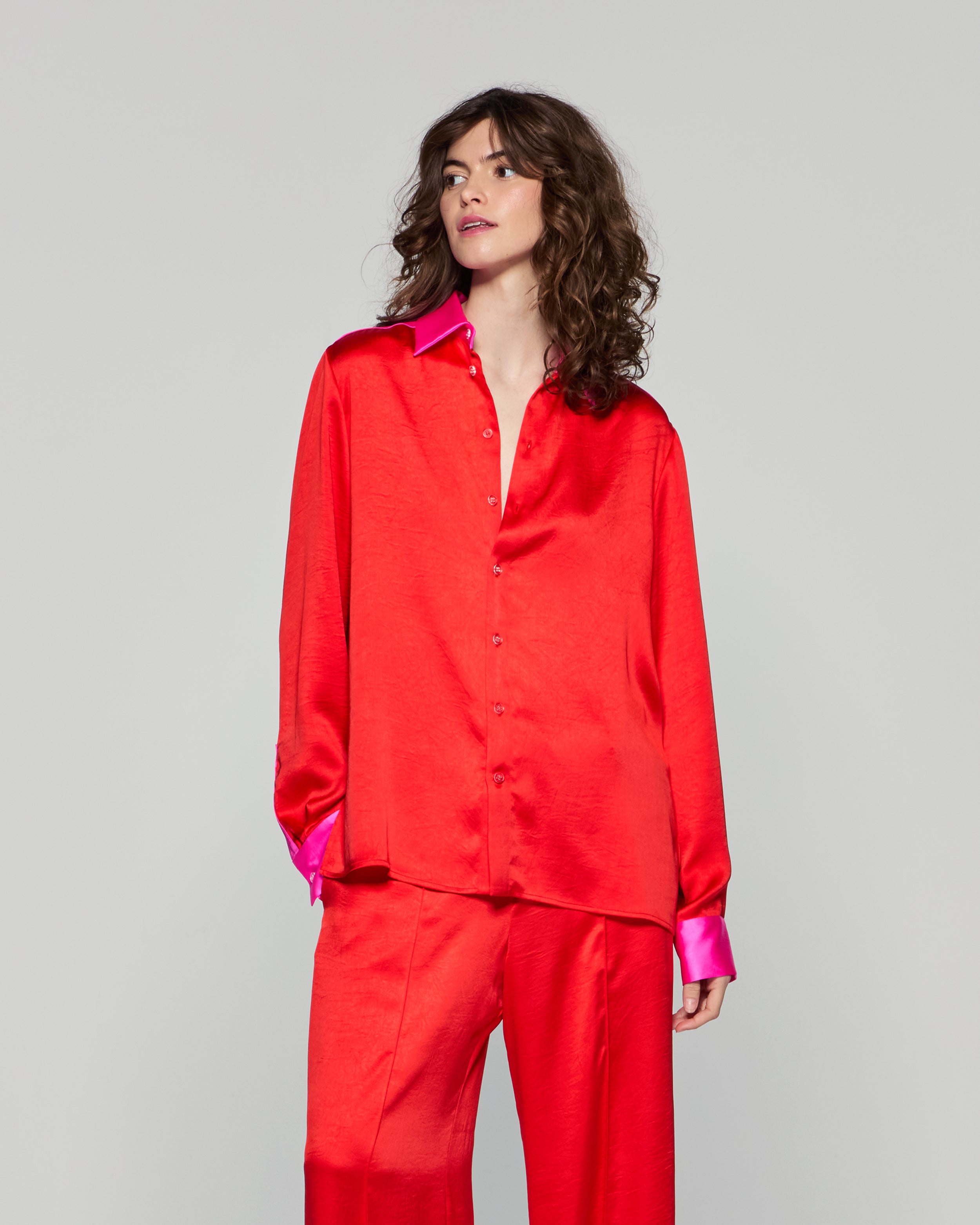 Oversized Colour Block Shirt - Bright Red/Pink