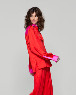 Oversized Colour Block Shirt - Bright Red/Pink