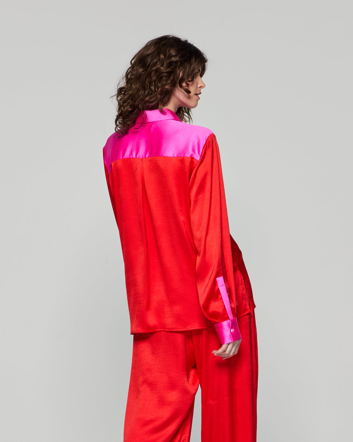 Oversized Colour Block Shirt - Bright Red/Pink