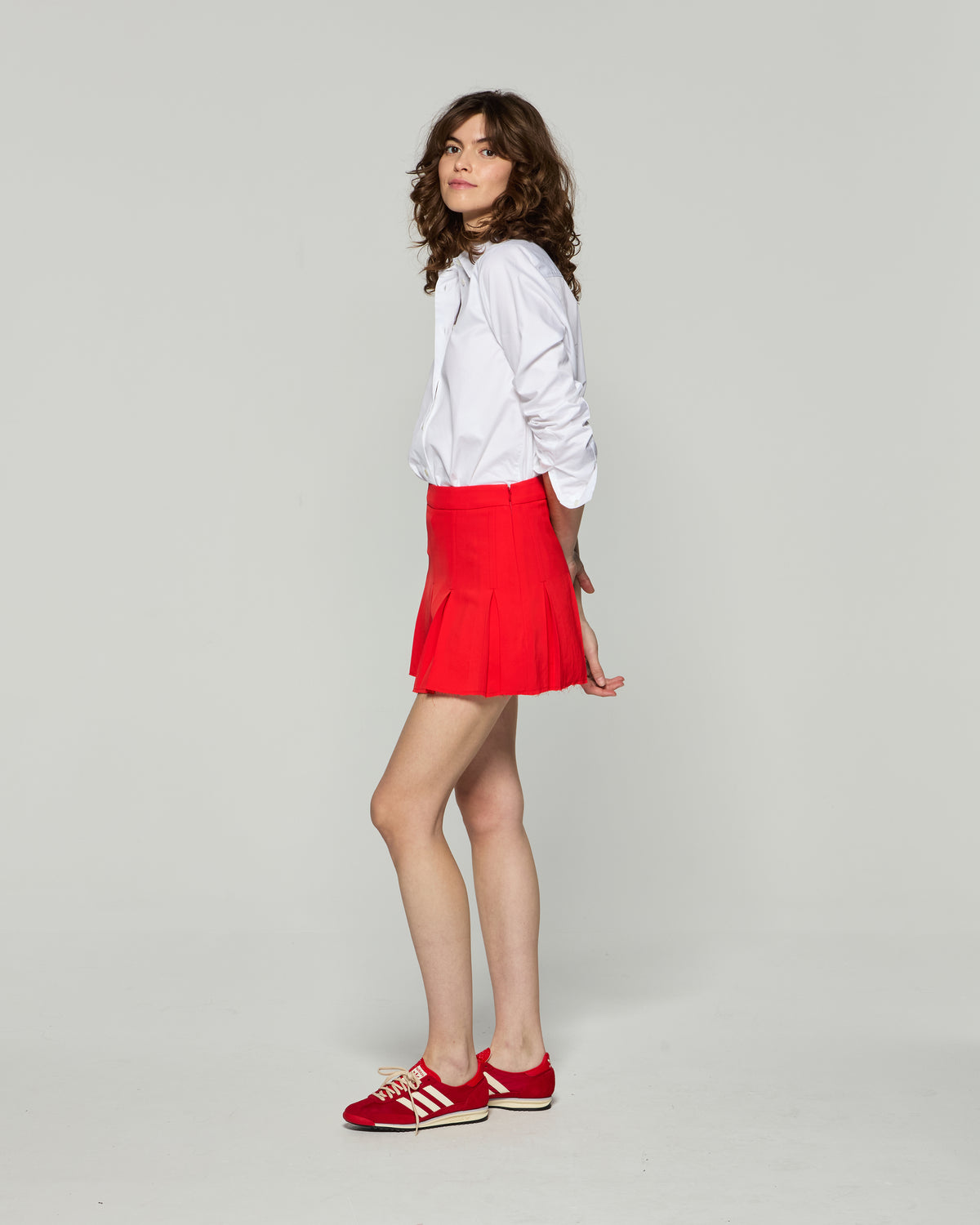 Pleated Raw Edge Mini Skirt - Red