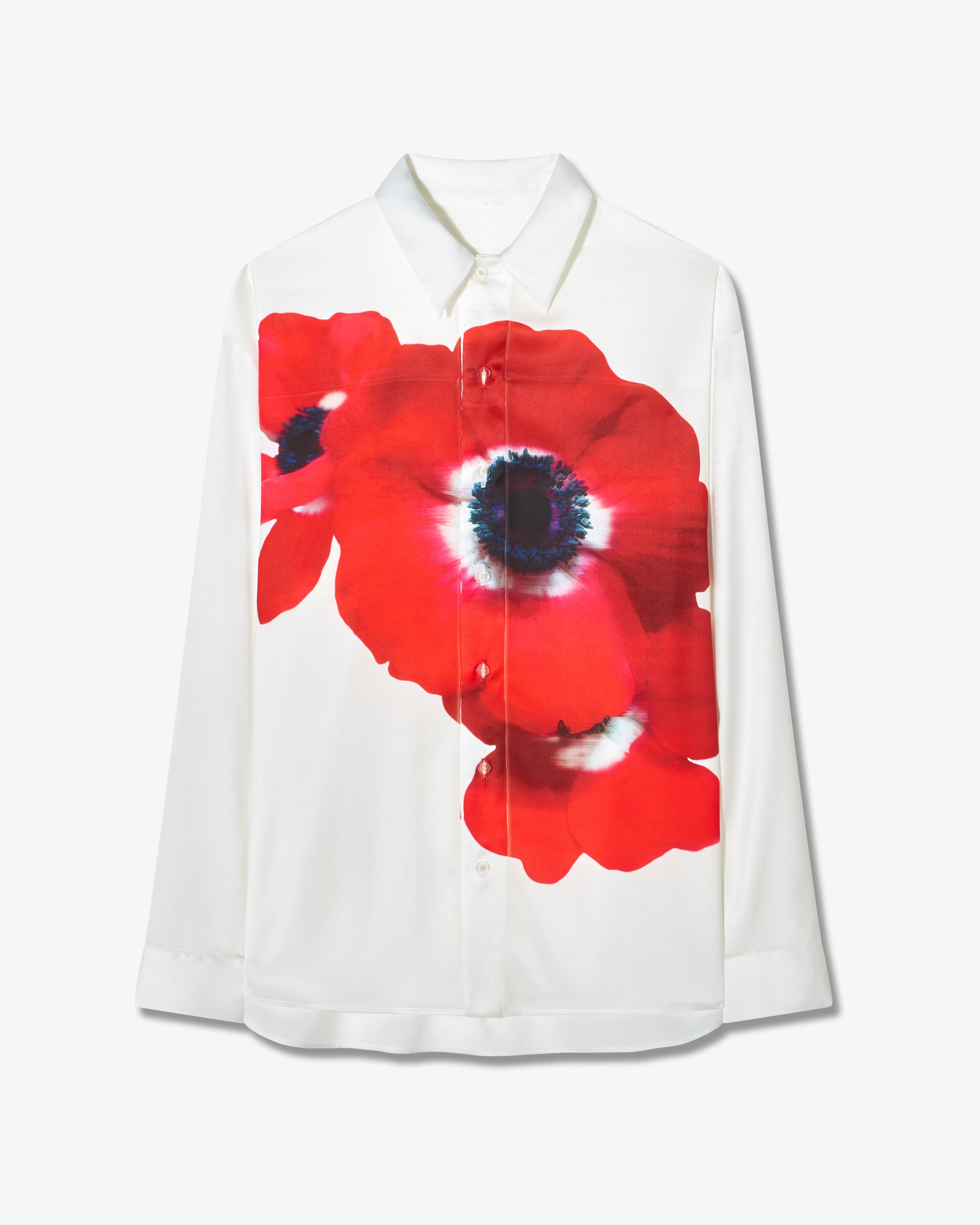 Printed Poppy Oversized Cuff Shirt - White/Red