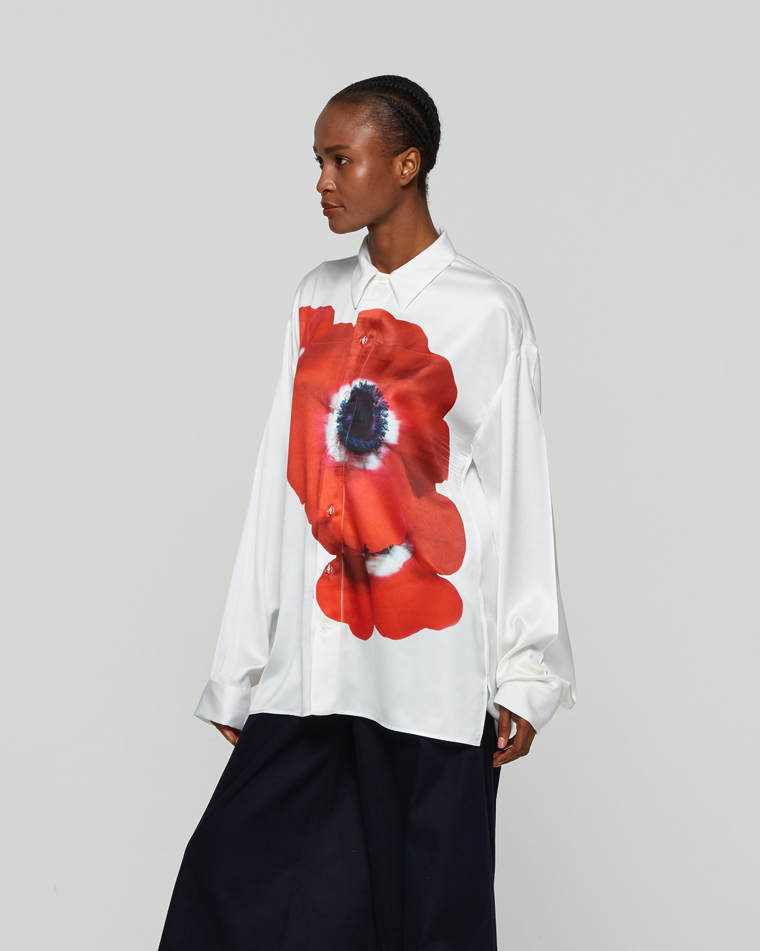 Printed Poppy Oversized Cuff Shirt - White/Red