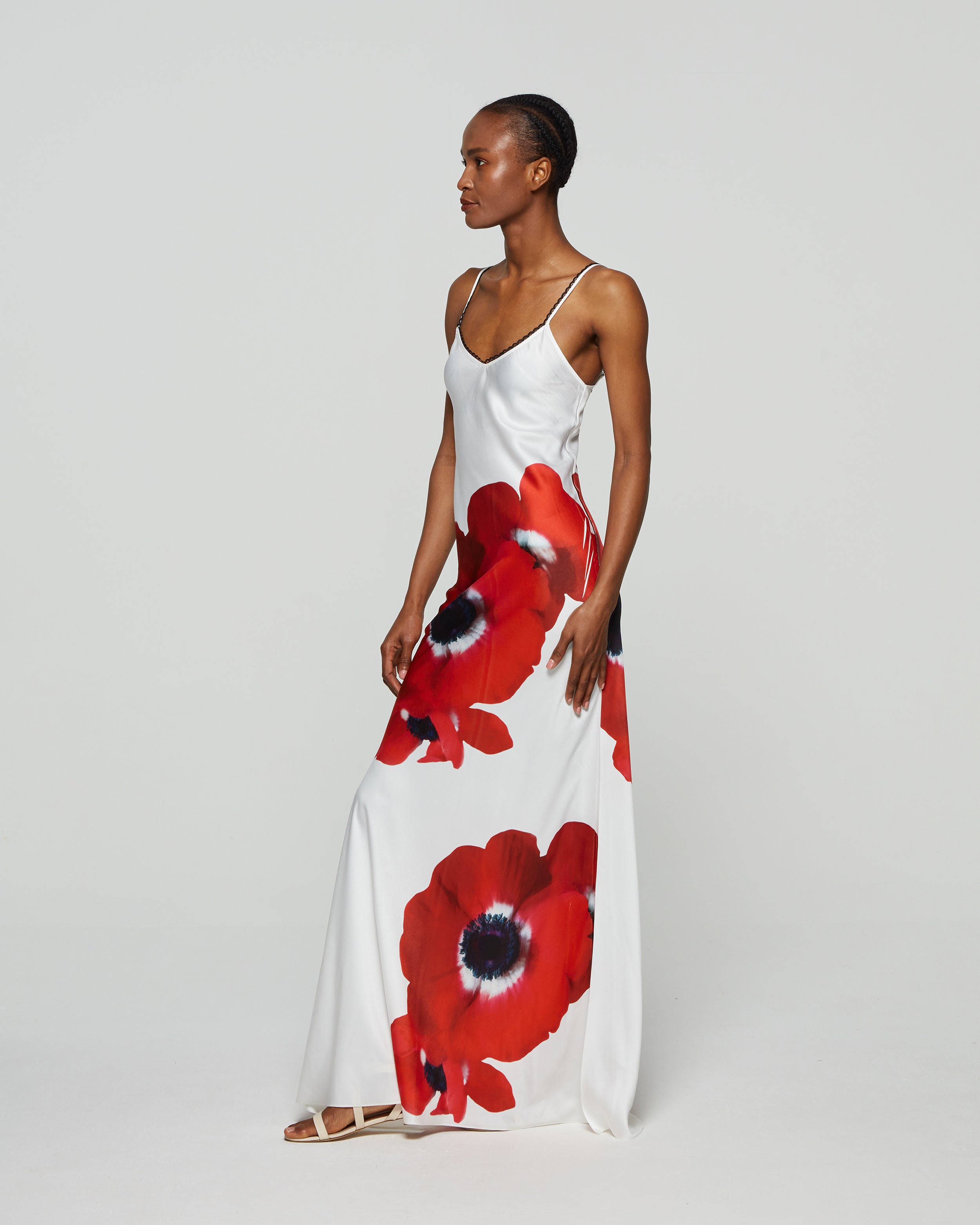 Printed Poppy Slip Dress - White/Red