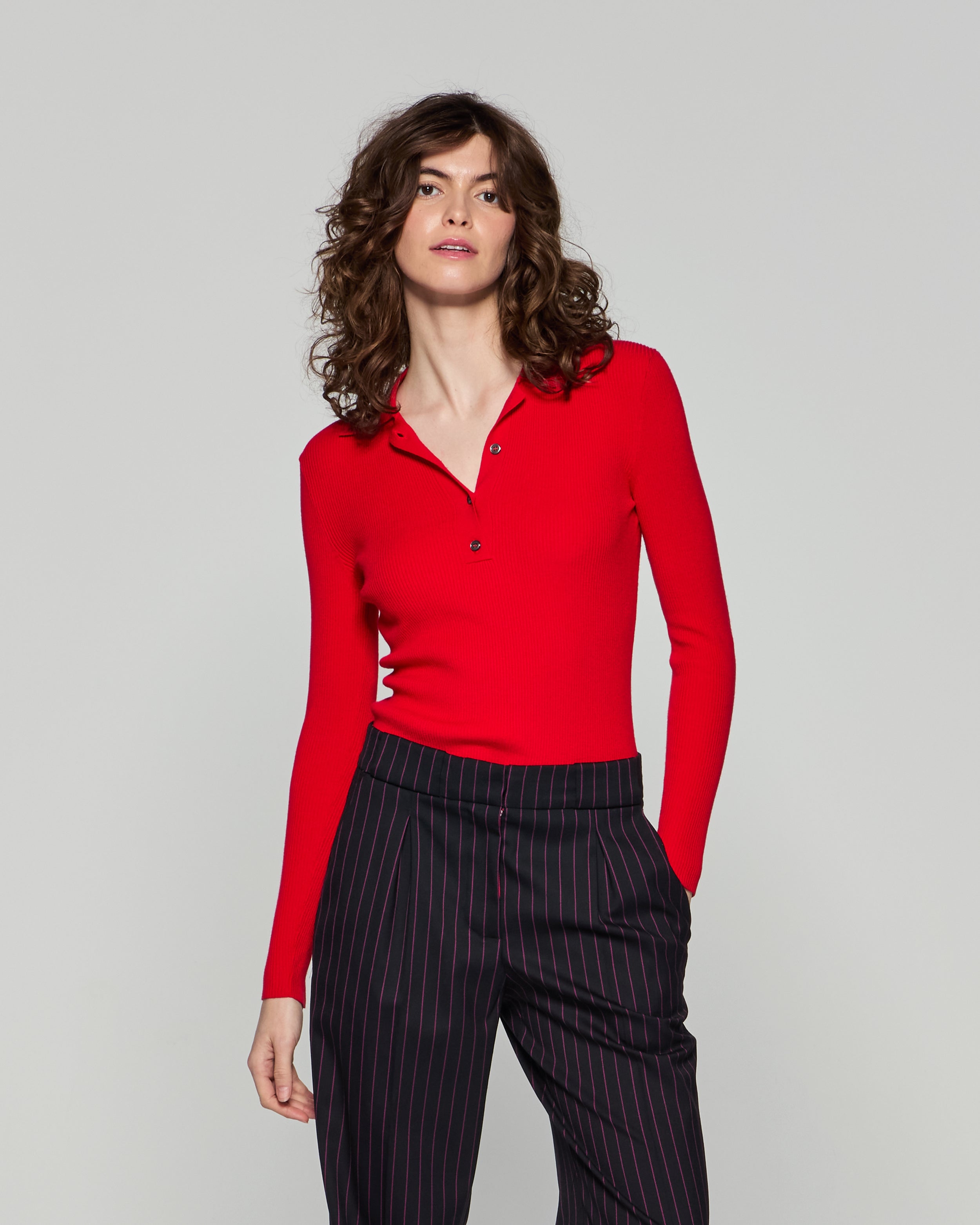 Ribbed Henley Top - Red