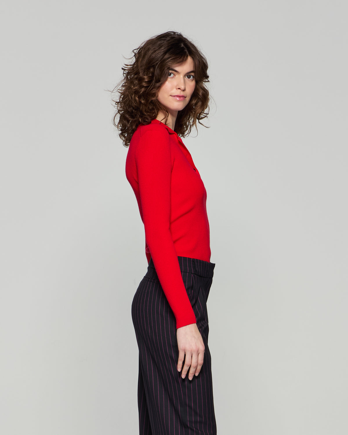 Ribbed Henley Top - Red