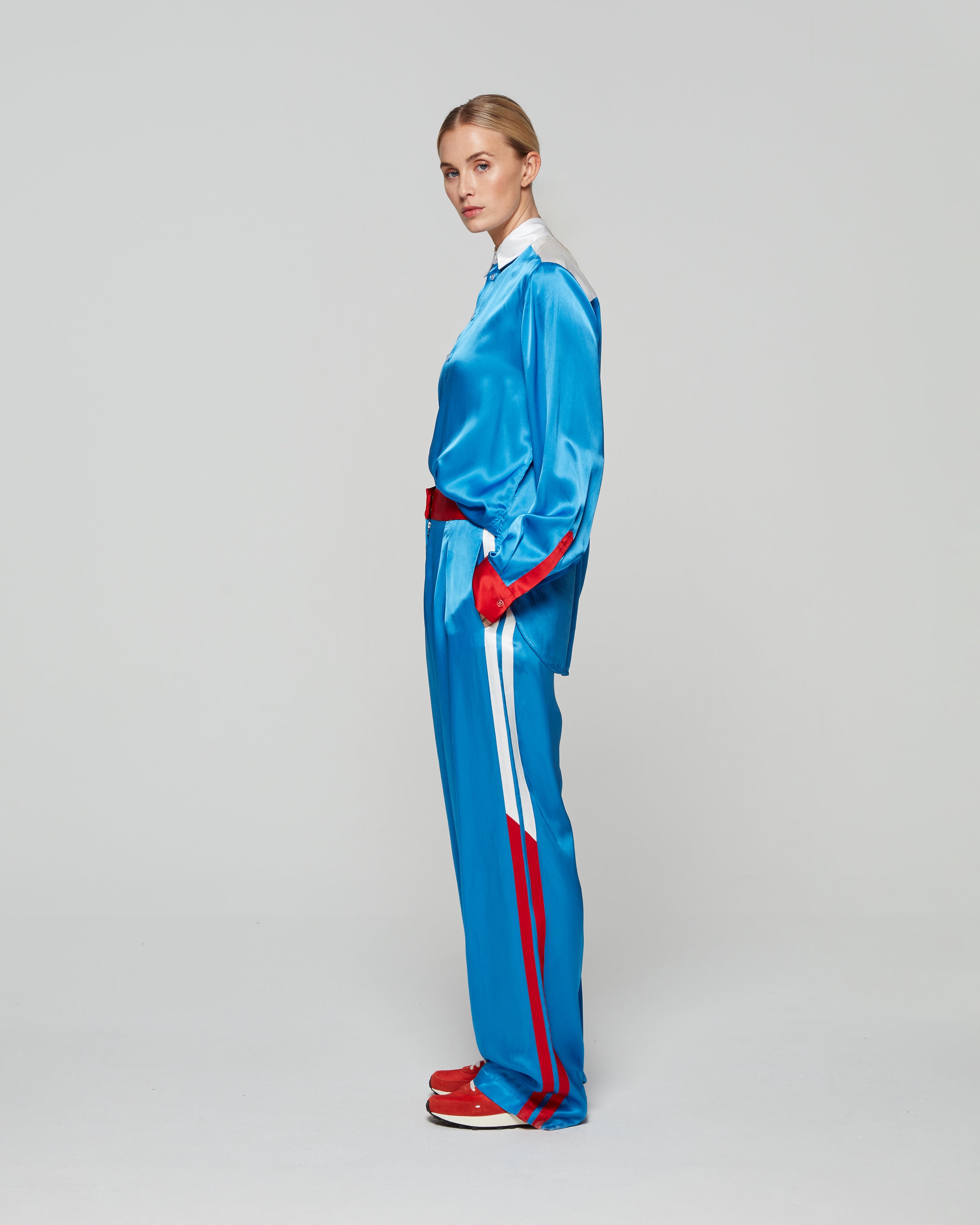 Satin Racer Boyfriend Trouser - Retro Blue