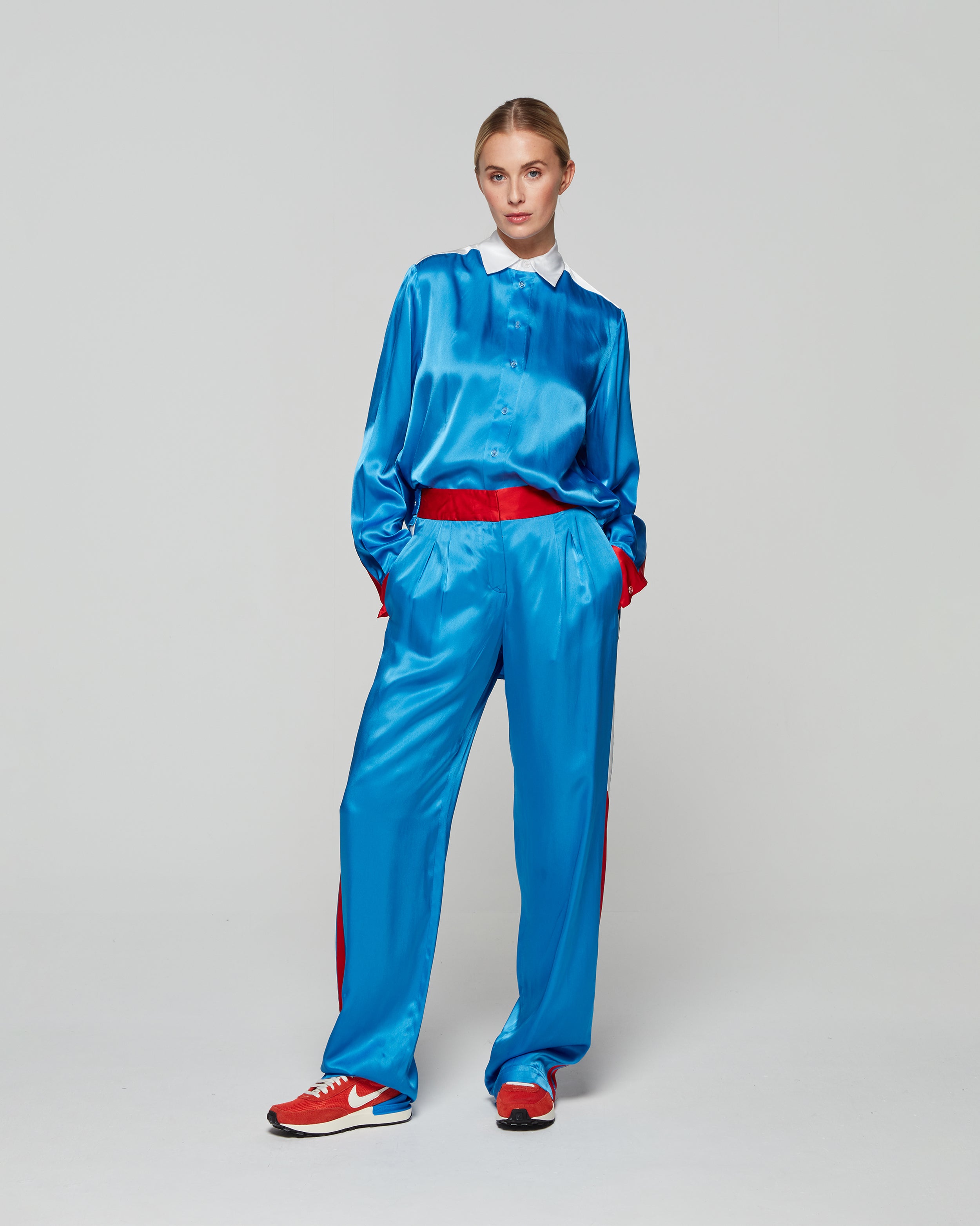 Satin Racer Boyfriend Trouser - Retro Blue