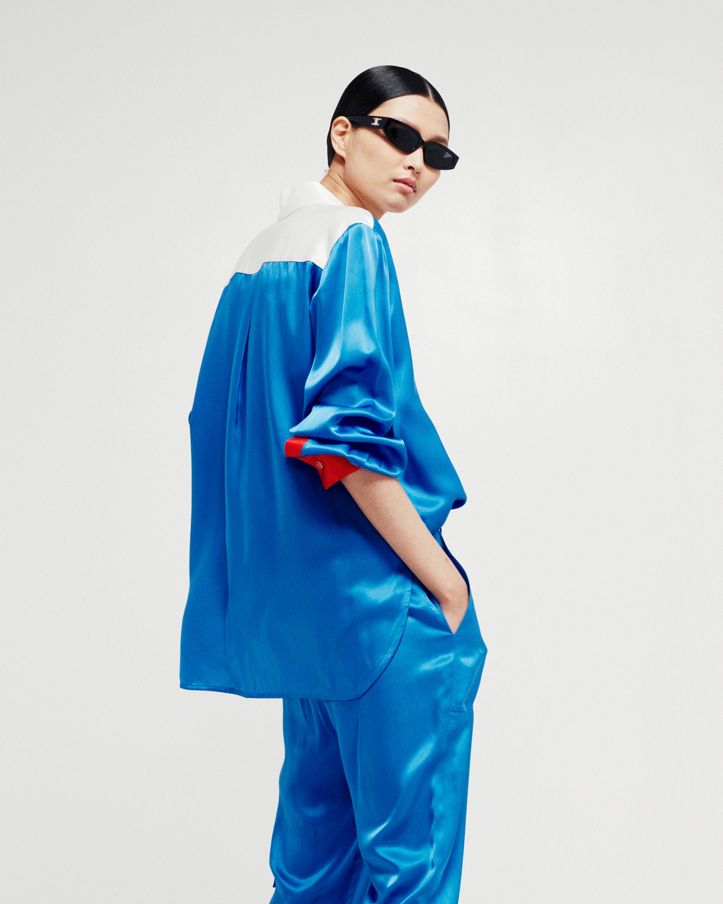 Satin Colour Block Shirt - Retro Blue