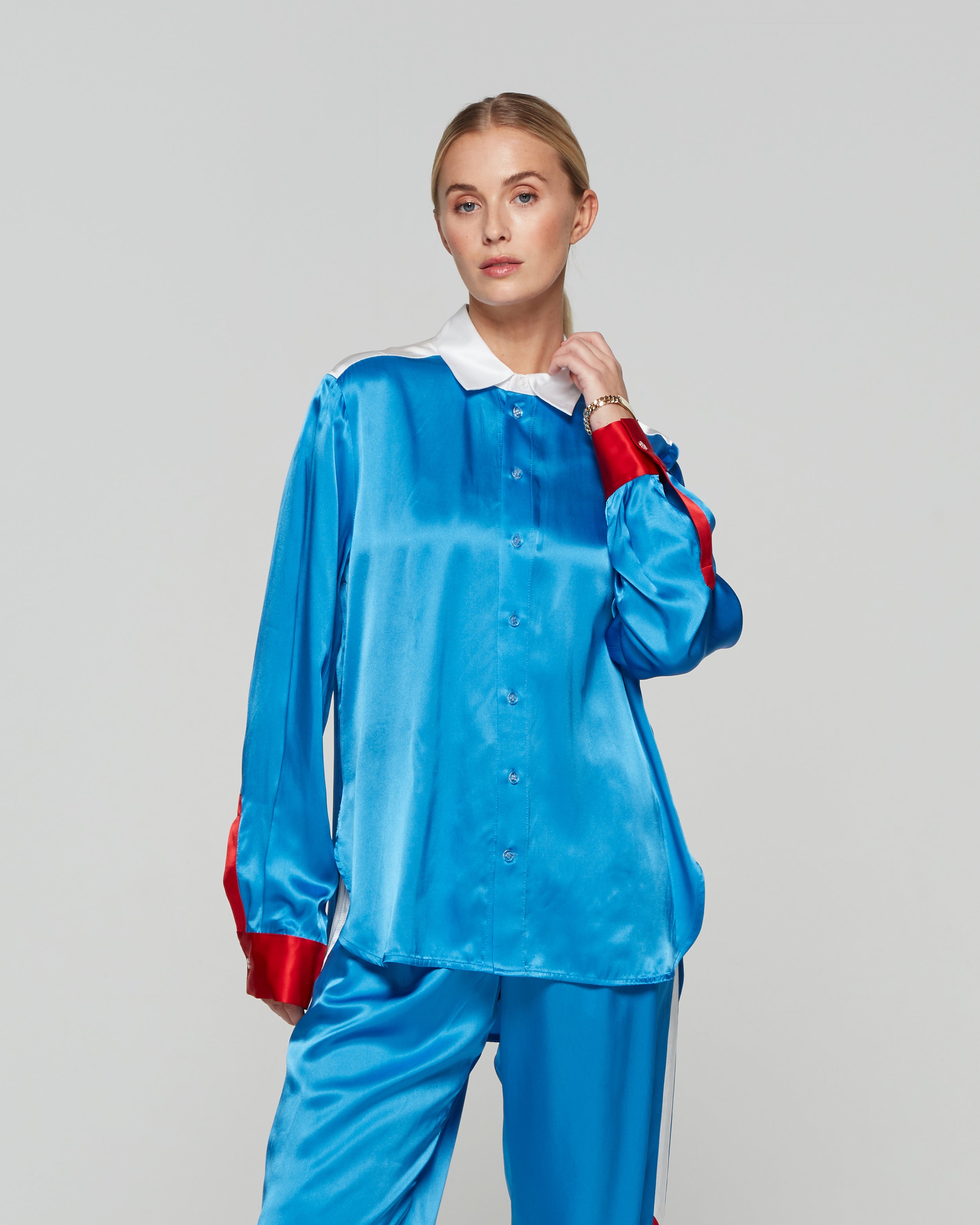 Satin Colour Block Shirt - Retro Blue