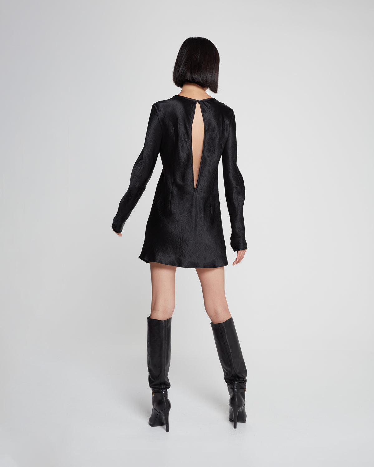 Satin Long Sleeve Mini Dress - Black