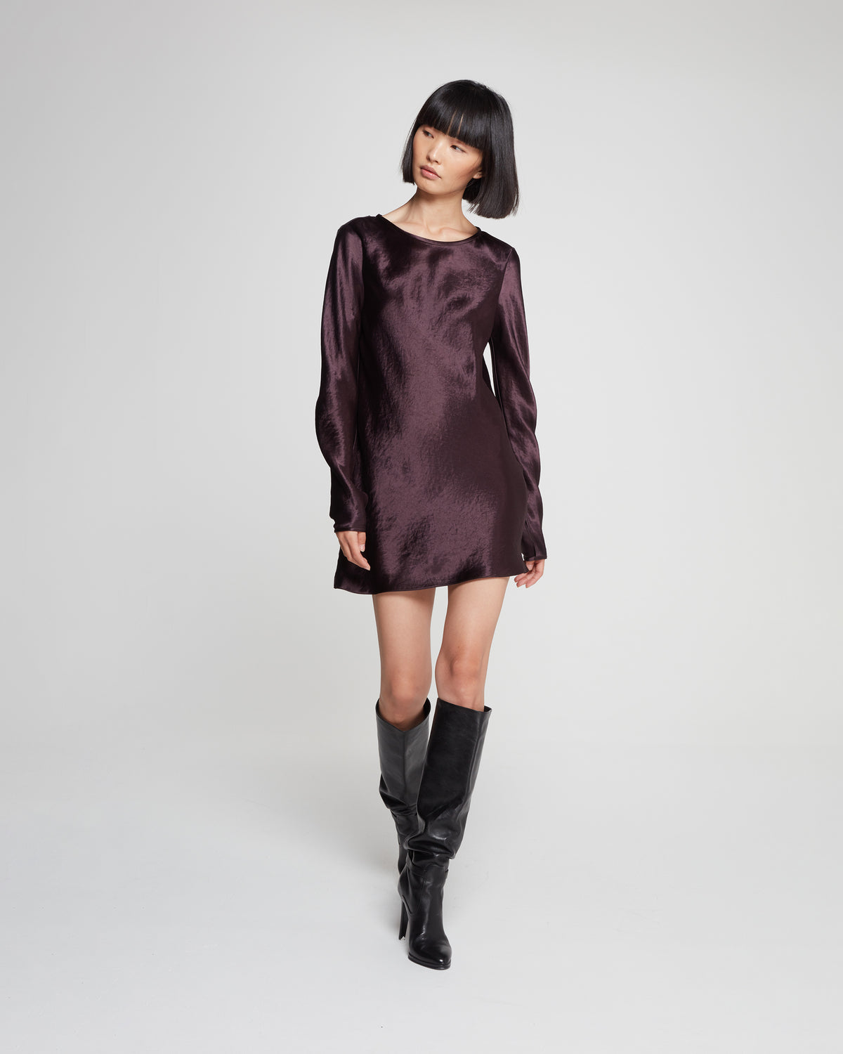 Satin Long Sleeve Mini Dress - Maroon