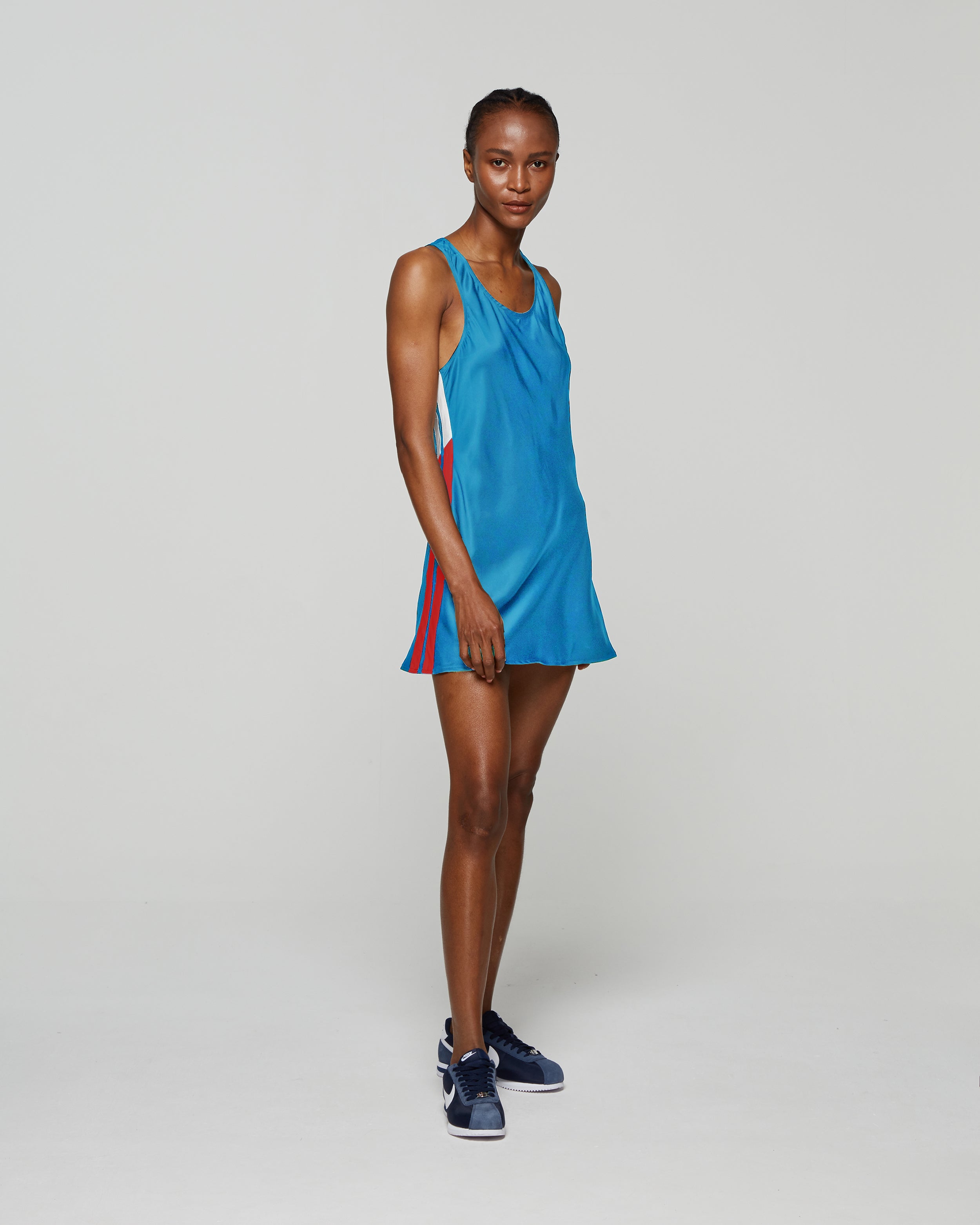 Satin Racer Mini Tank Dress - Retro Blue