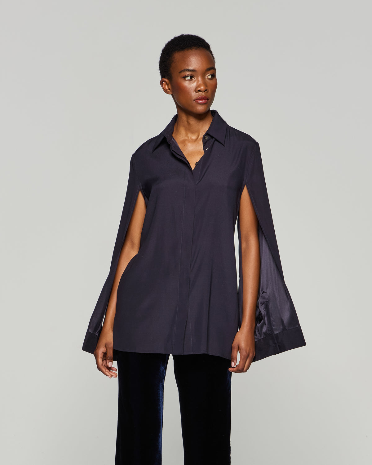 Silk Cape Sleeve Shirt - Midnight Navy