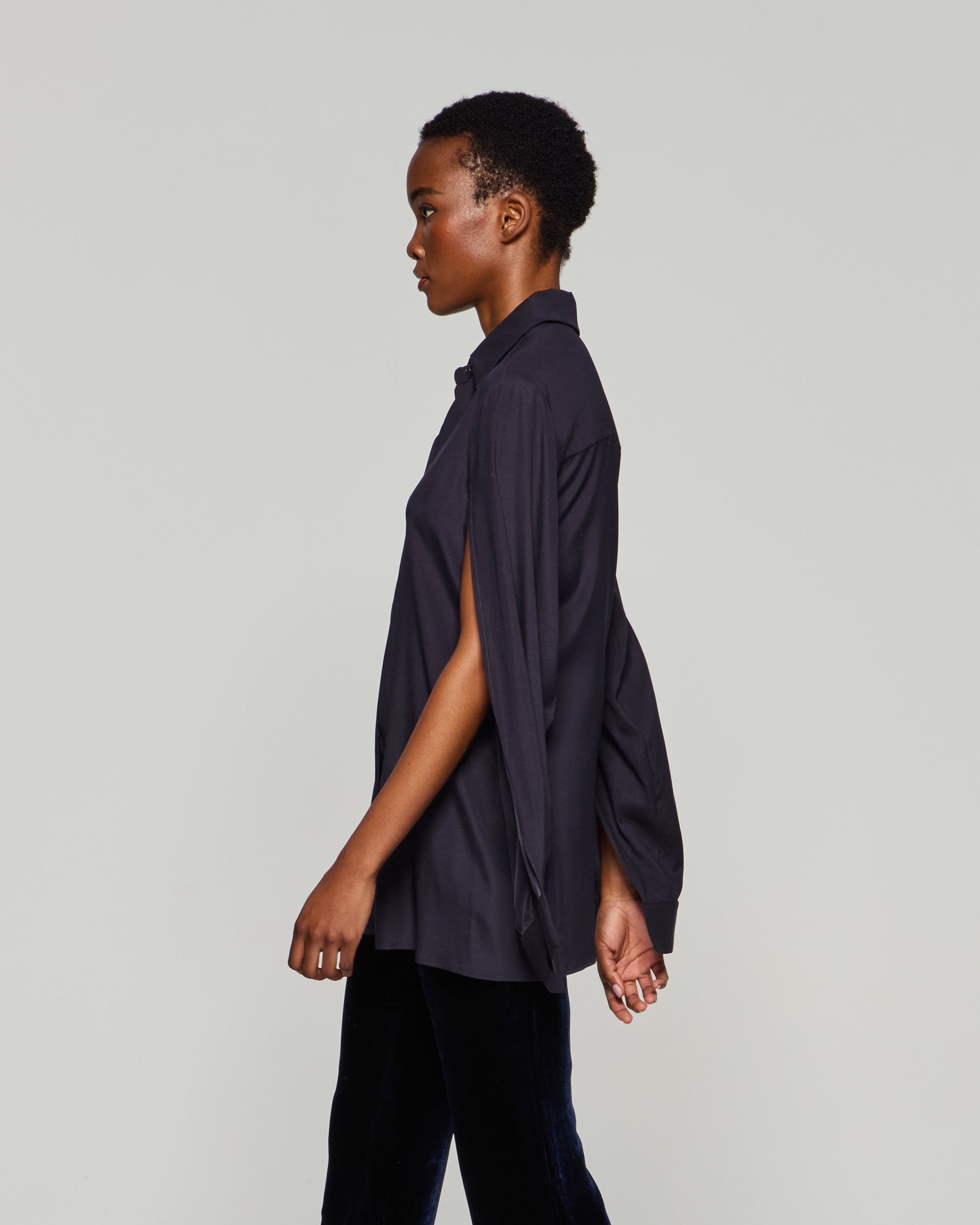 Silk Cape Sleeve Shirt - Midnight Navy