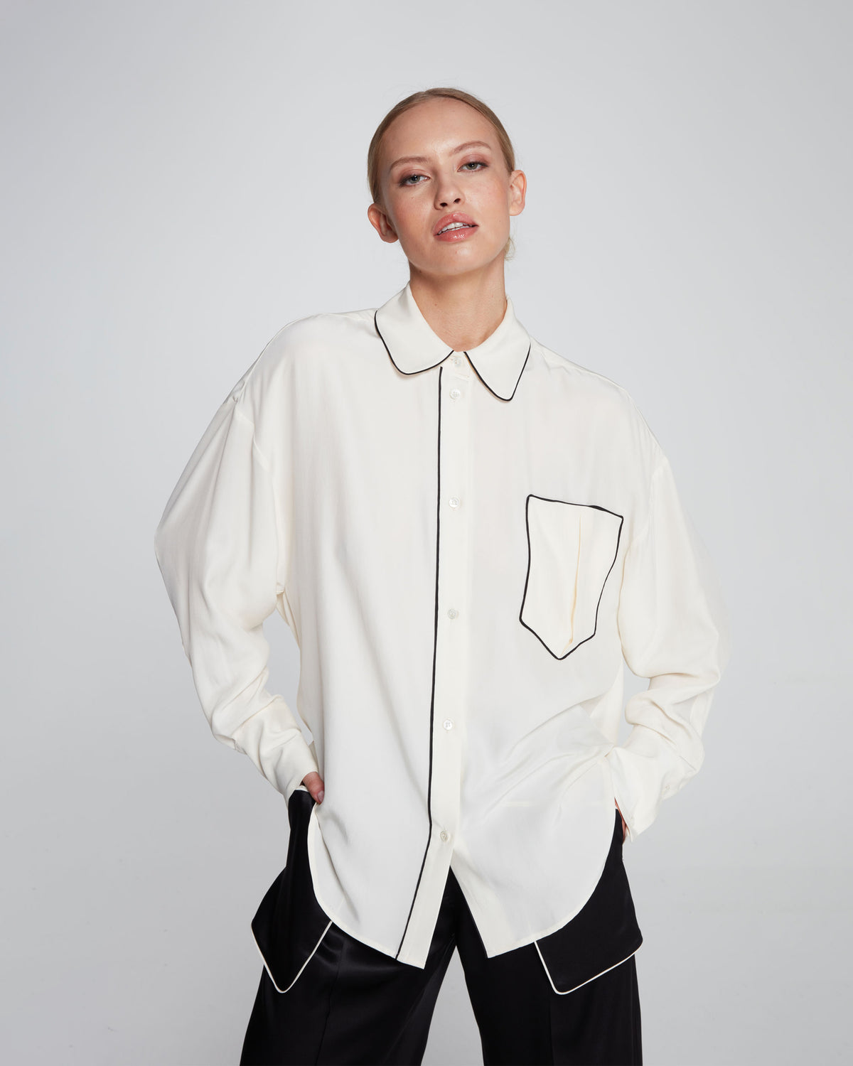 Silk Piped Oversized Shirt - Pearl SERENA BUTE