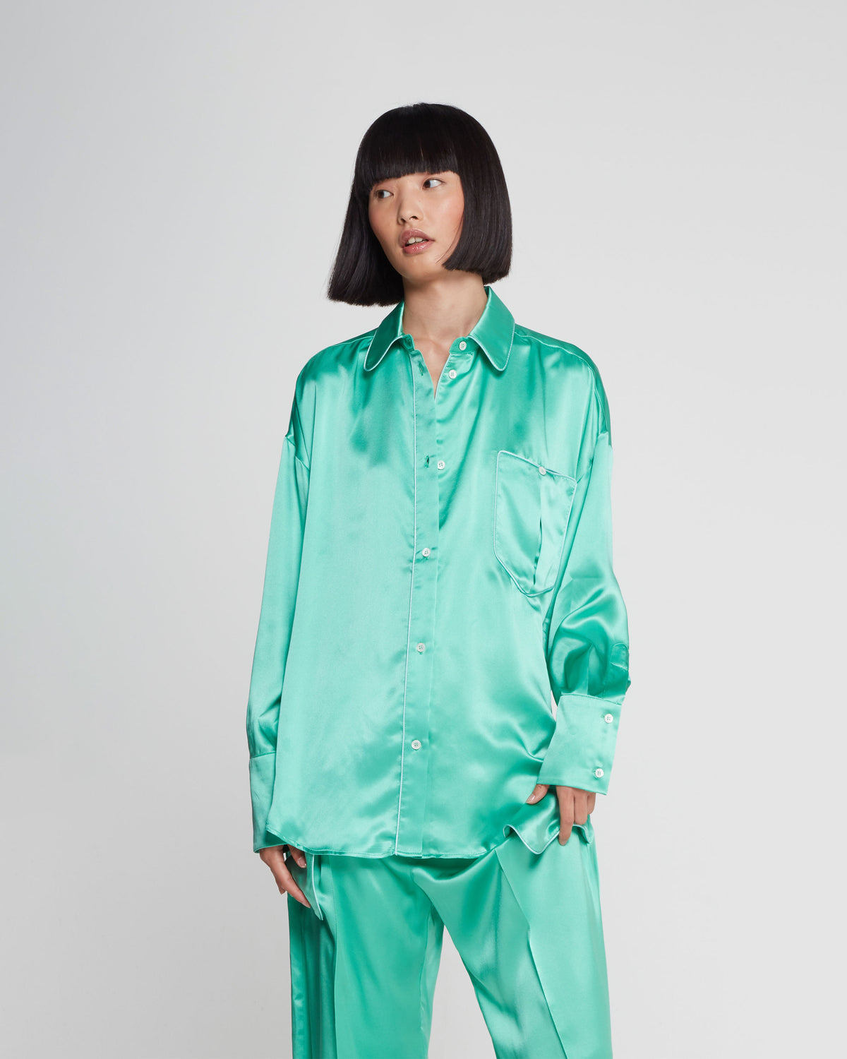 Silk Piped Oversized Shirt - Emerald Green SERENA BUTE