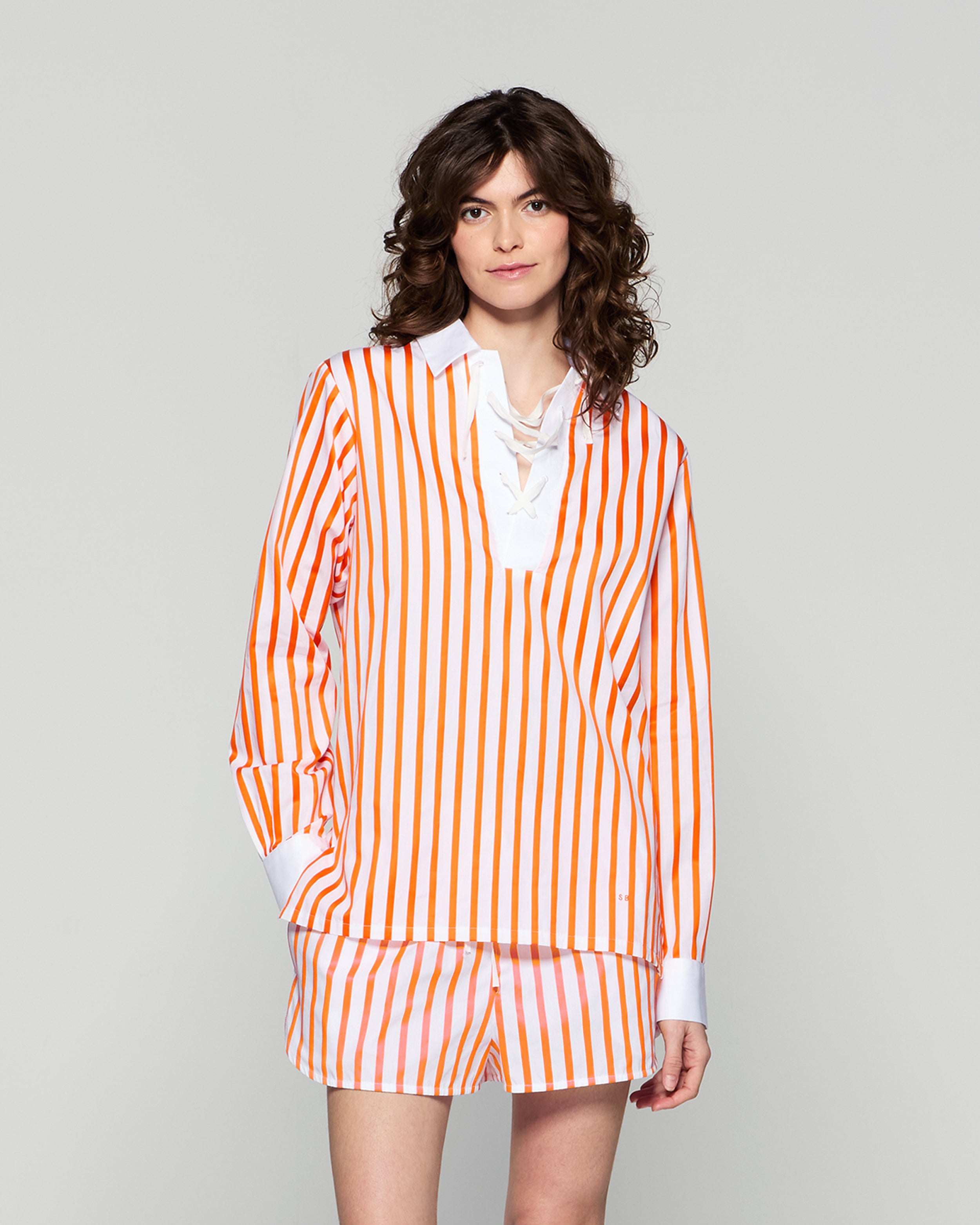 Striped Lace Up Shirt - White/Orange