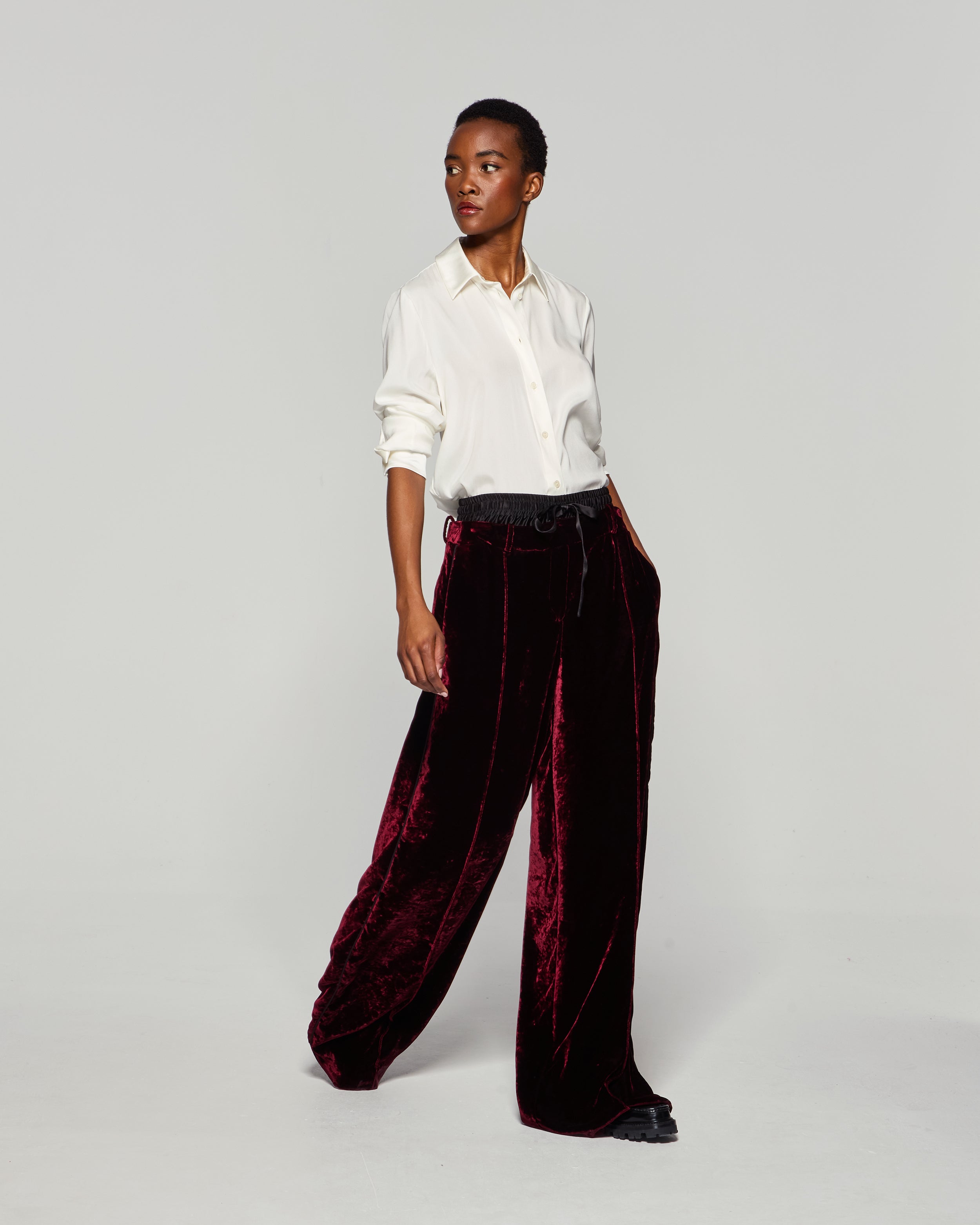 Velvet Double Waistband Relaxed Jogger - Burgundy