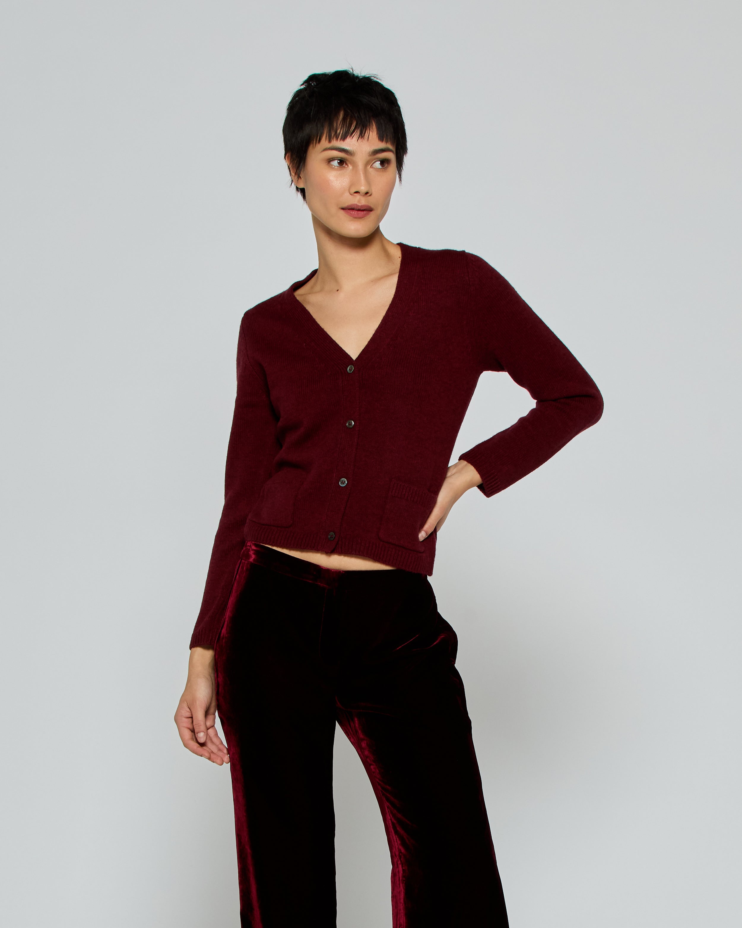 V-Neck Pocket Cardigan - Burgundy