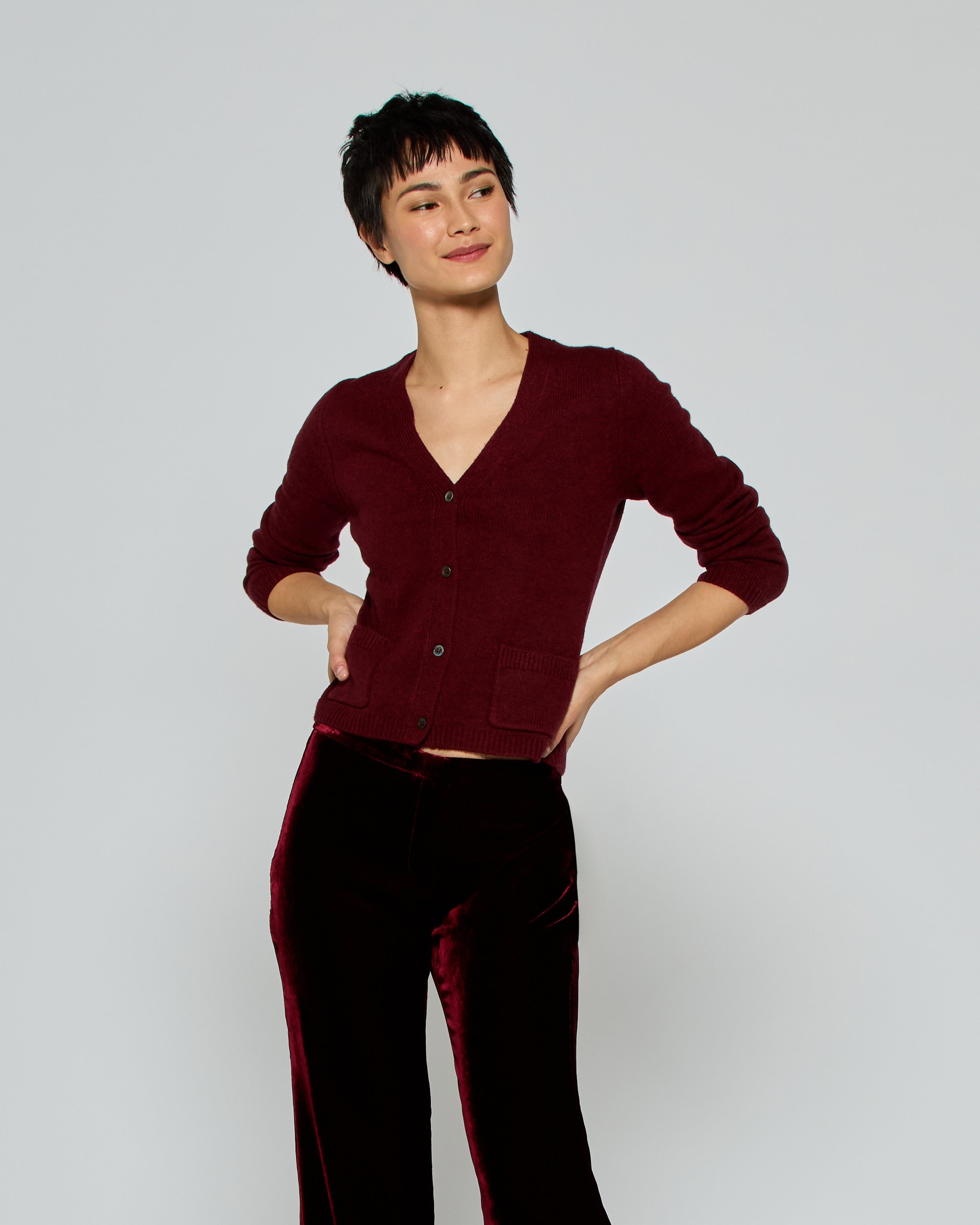 V-Neck Pocket Cardigan - Burgundy