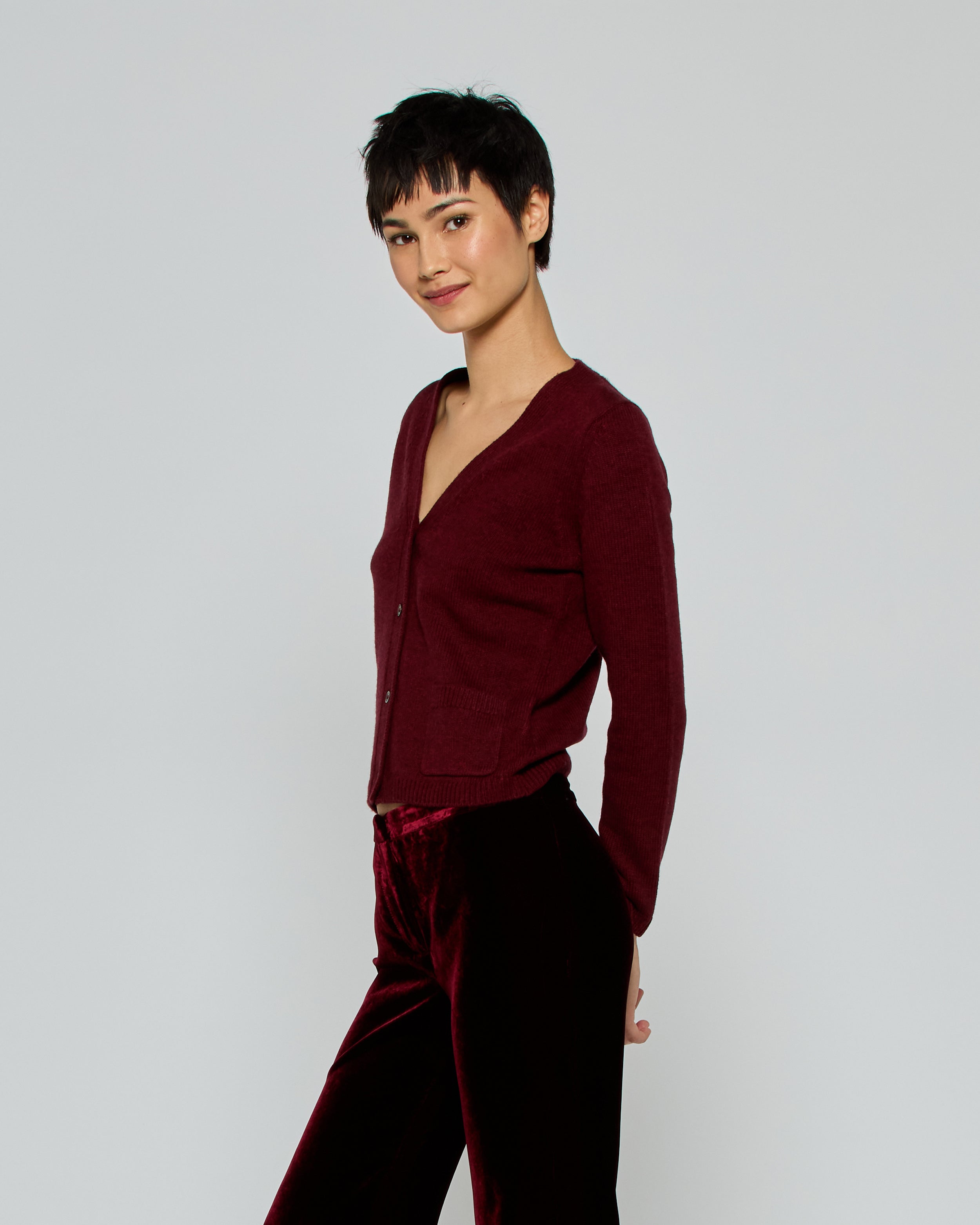 V-Neck Pocket Cardigan - Burgundy