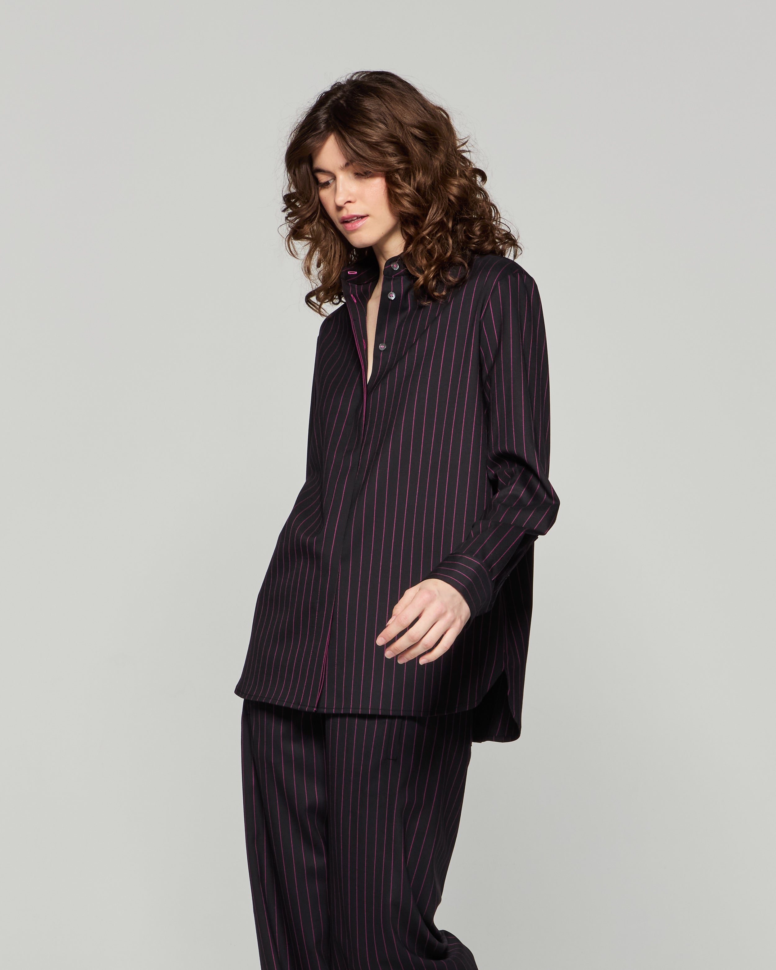 Wool Pinstripe Boyfriend Shirt - Black/Pink