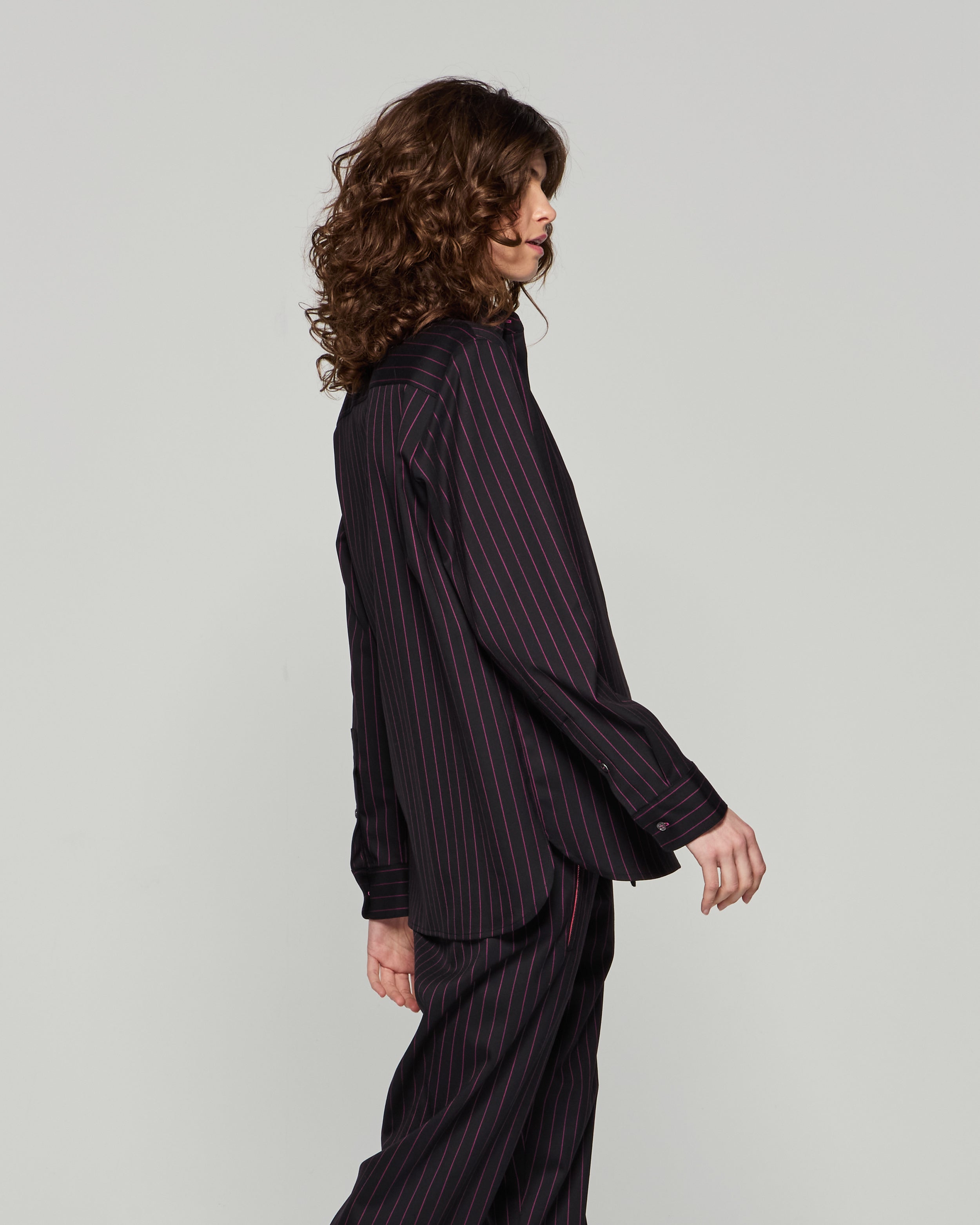 Wool Pinstripe Boyfriend Shirt - Black/Pink