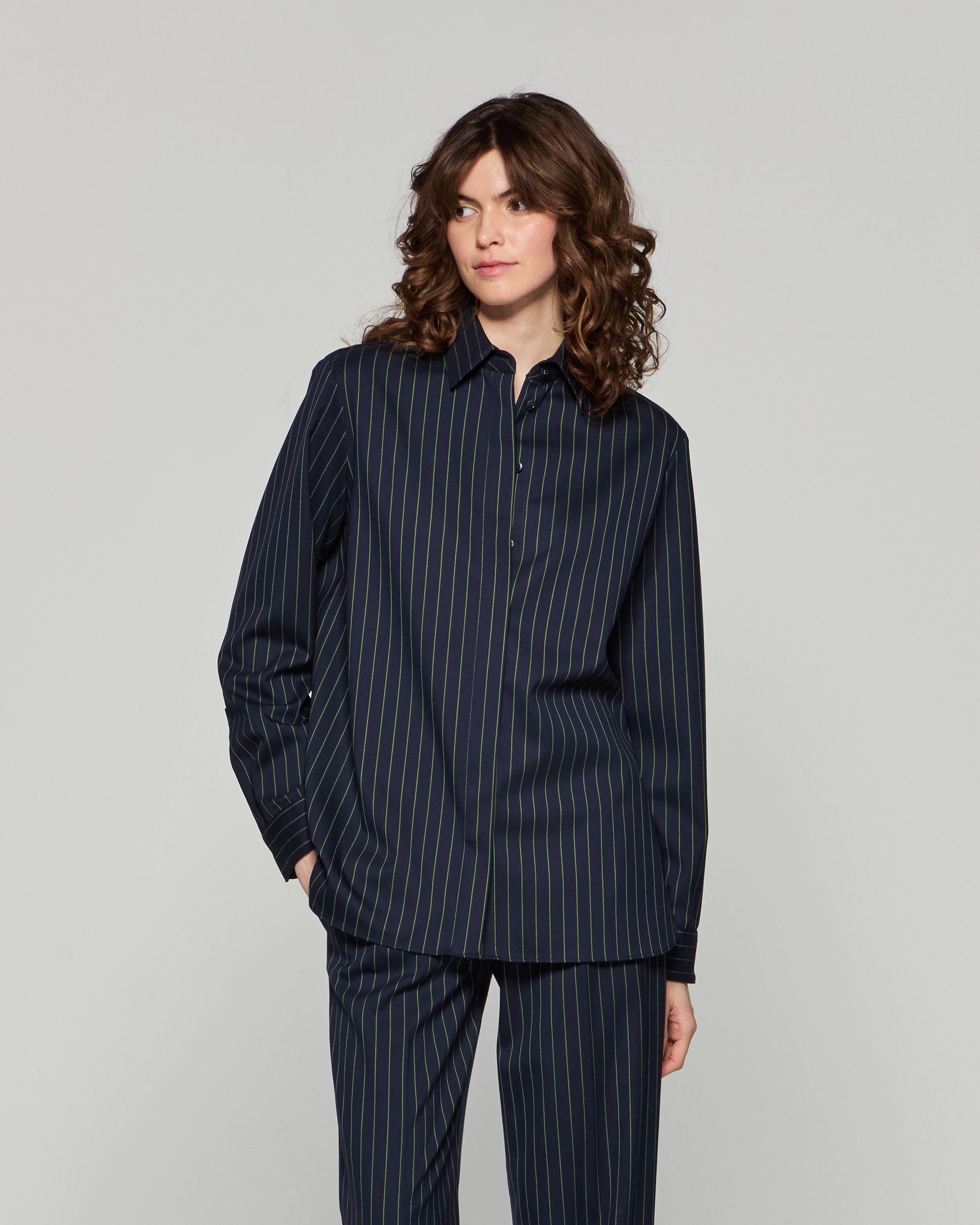 Wool Pinstripe Boyfriend Shirt - Navy/Green