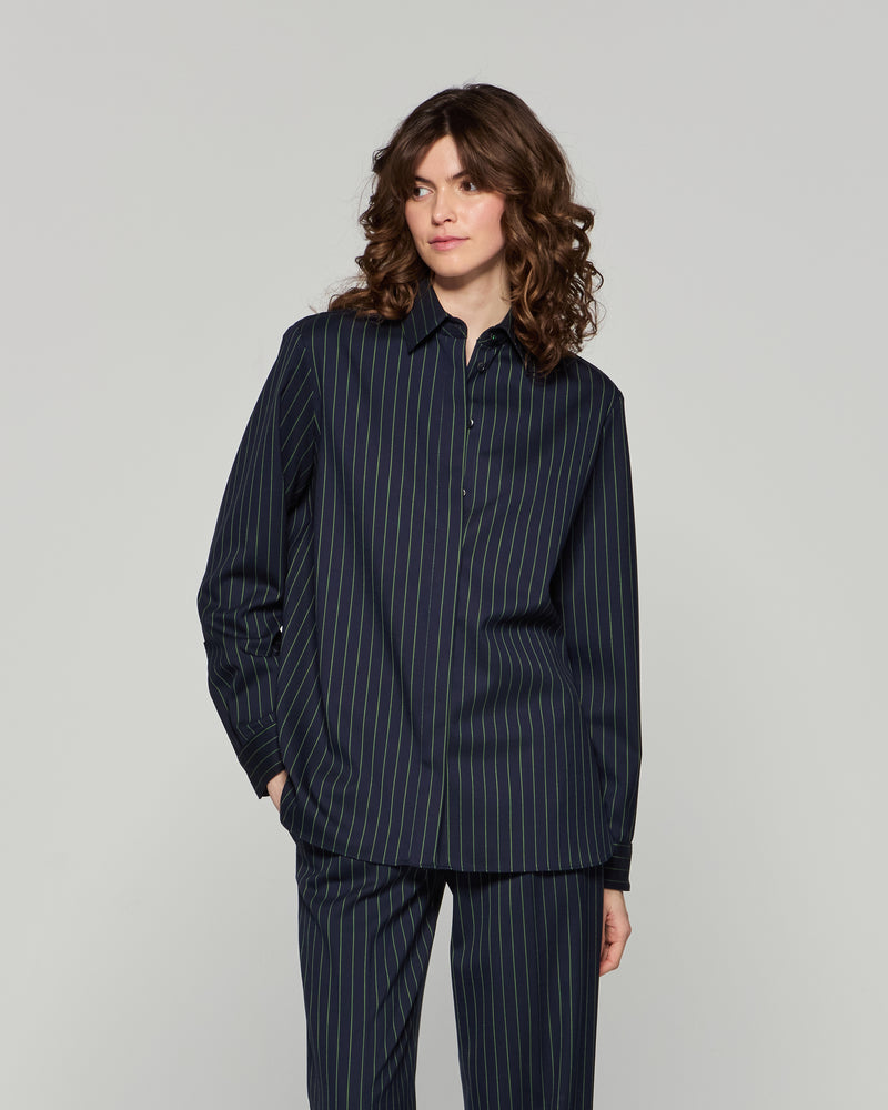 Wool Pinstripe Boyfriend Shirt - Navy/Green picture #3