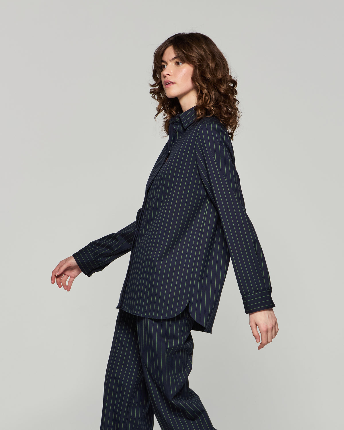 Wool Pinstripe Boyfriend Shirt - Navy/Green