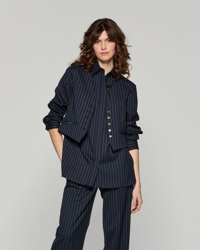 Wool Pinstripe Boyfriend Shirt - Navy/Green picture #1