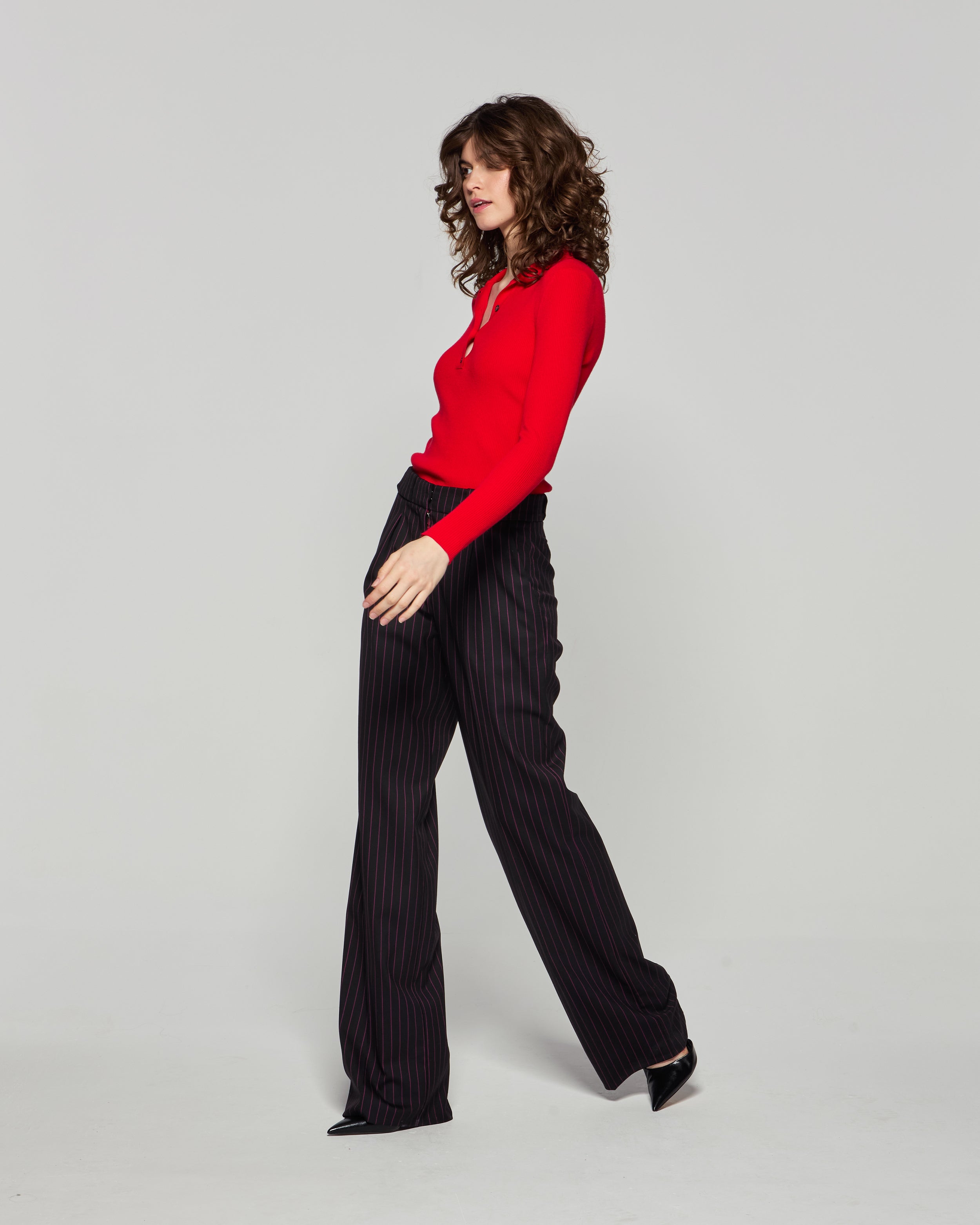 Wool Pinstripe Pleated Trouser - Black/Pink