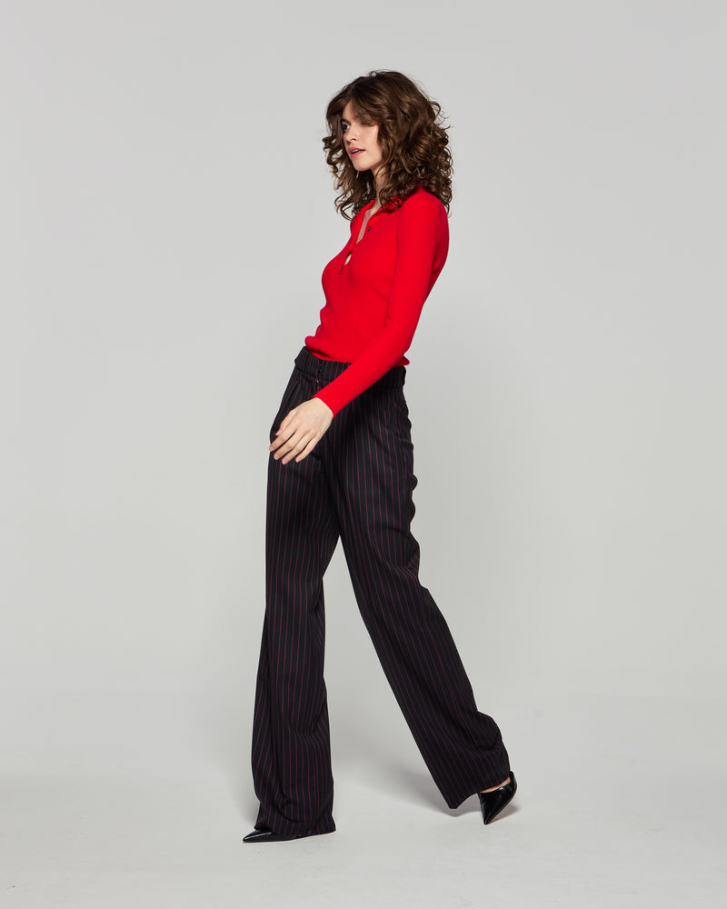 Wool Pinstripe Pleated Trouser - Black/Pink picture #4