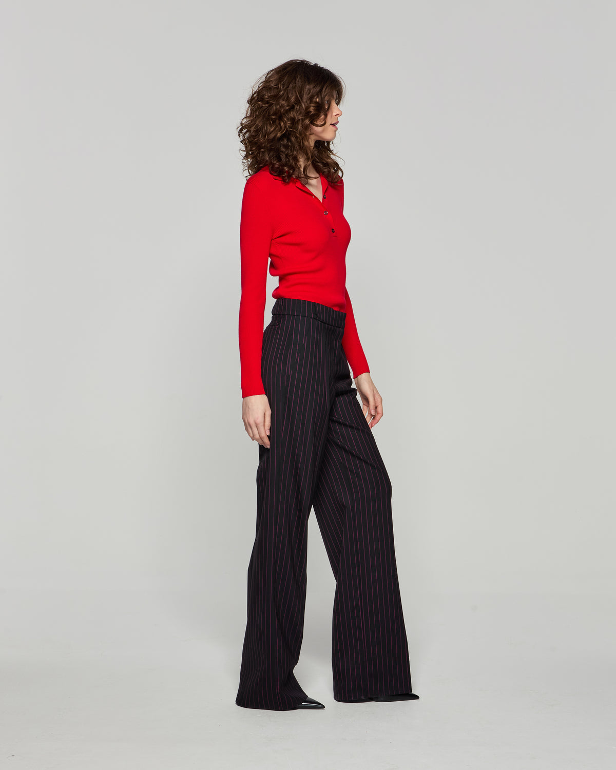 Wool Pinstripe Pleated Trouser - Black/Pink