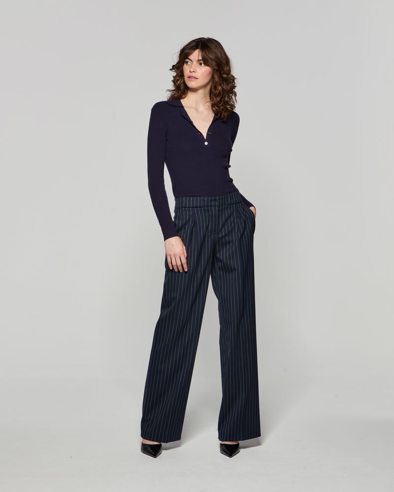 Wool Pinstripe Pleated Trouser - Navy/Green picture #3