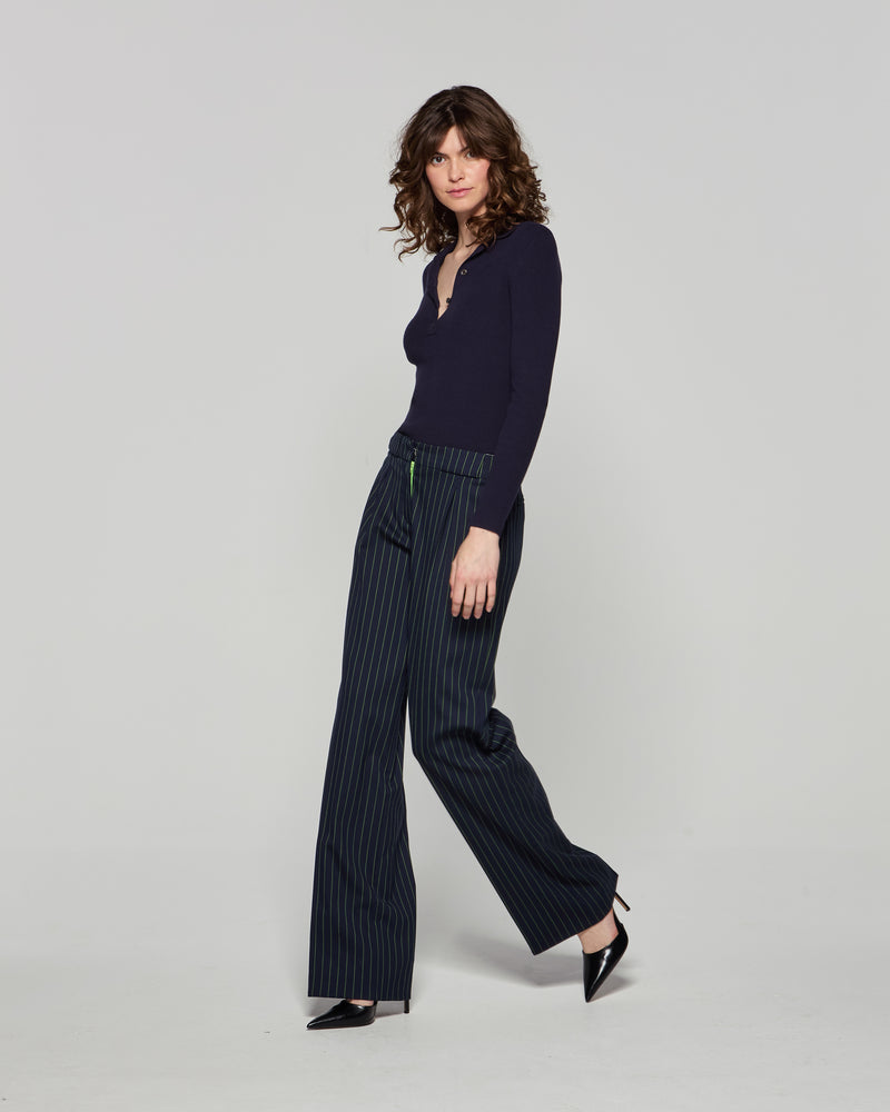 Wool Pinstripe Pleated Trouser - Navy/Green picture #1