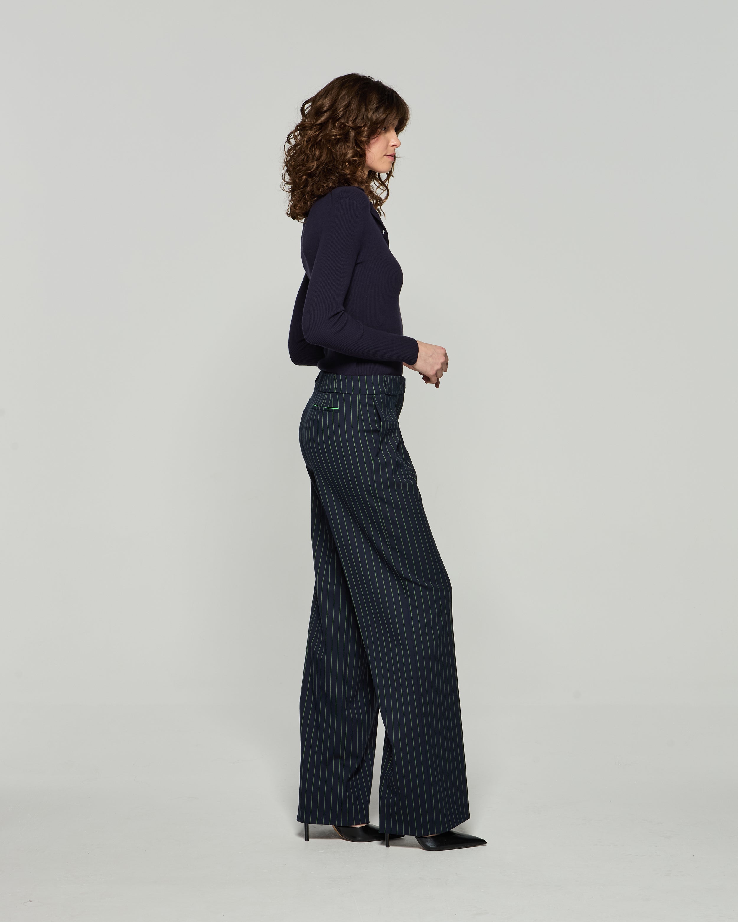 Wool Pinstripe Pleated Trouser - Navy/Green