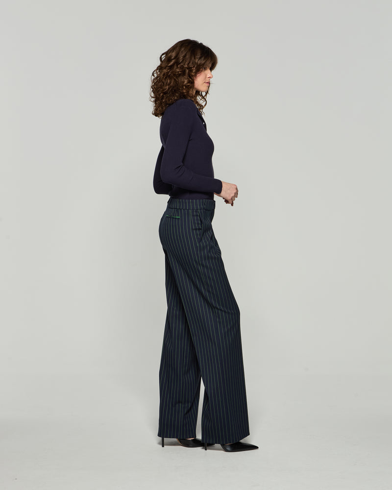 Wool Pinstripe Pleated Trouser - Navy/Green picture #4