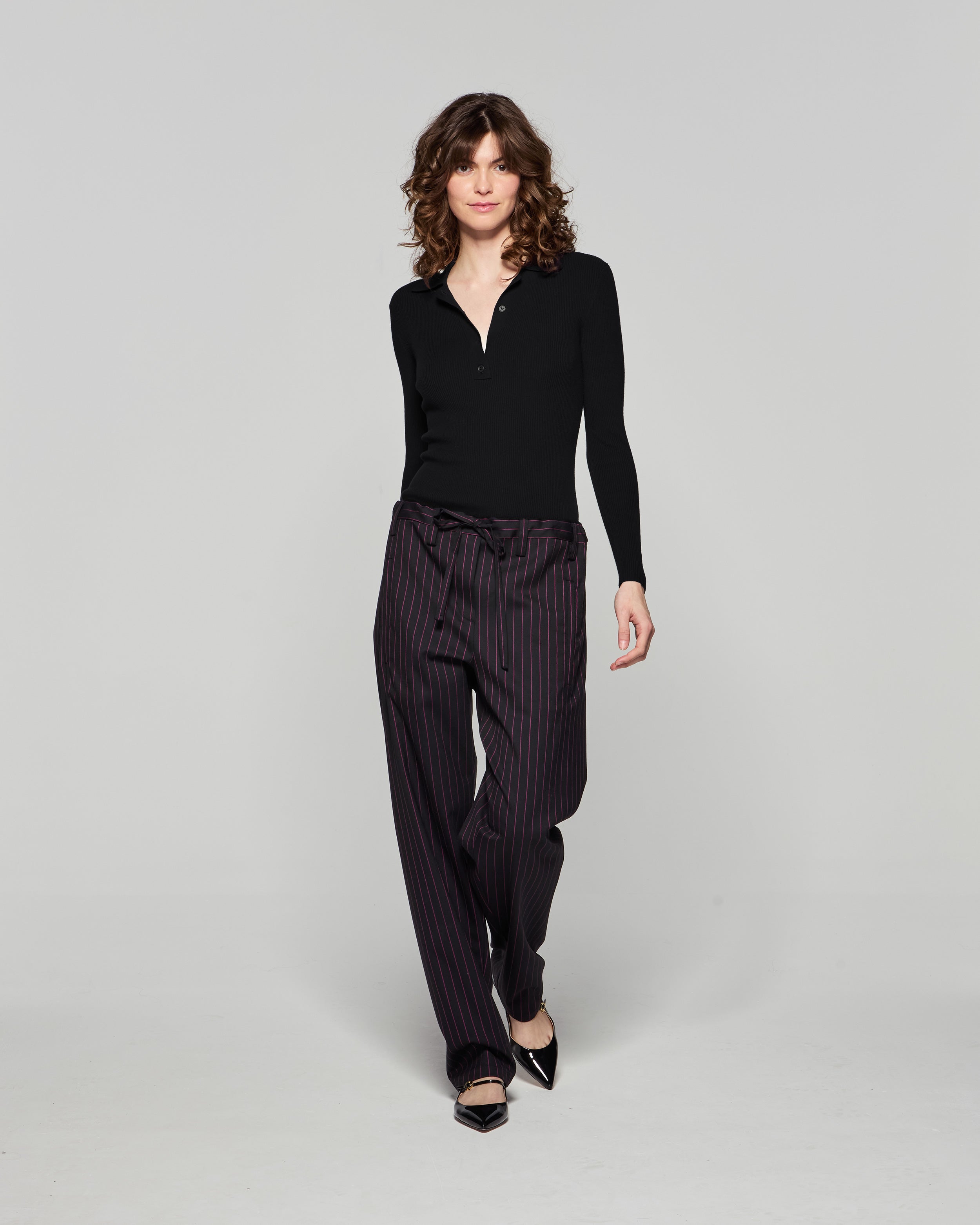 Wool Pinstripe Utility Trouser - Black/Pink