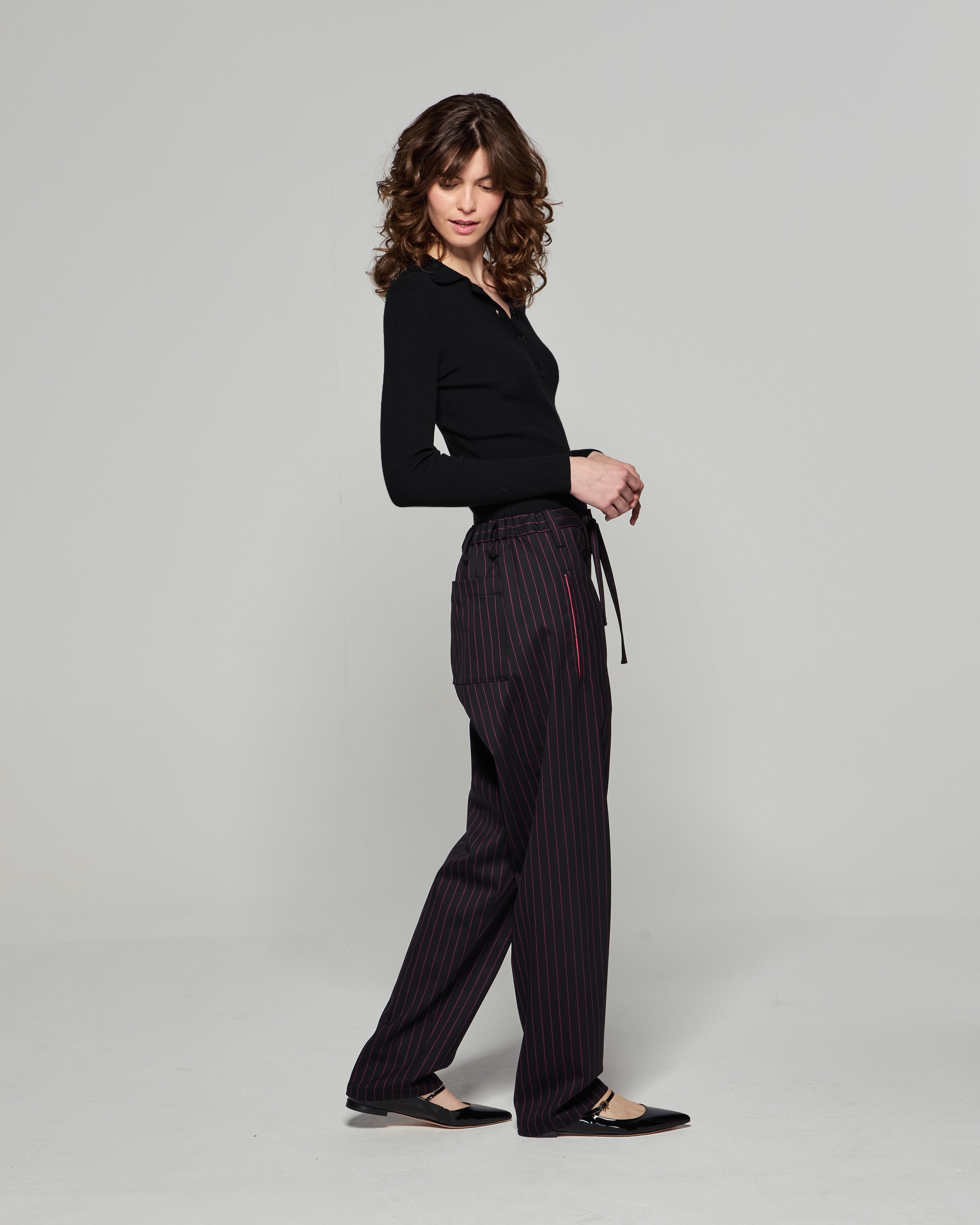 Wool Pinstripe Utility Trouser - Black/Pink