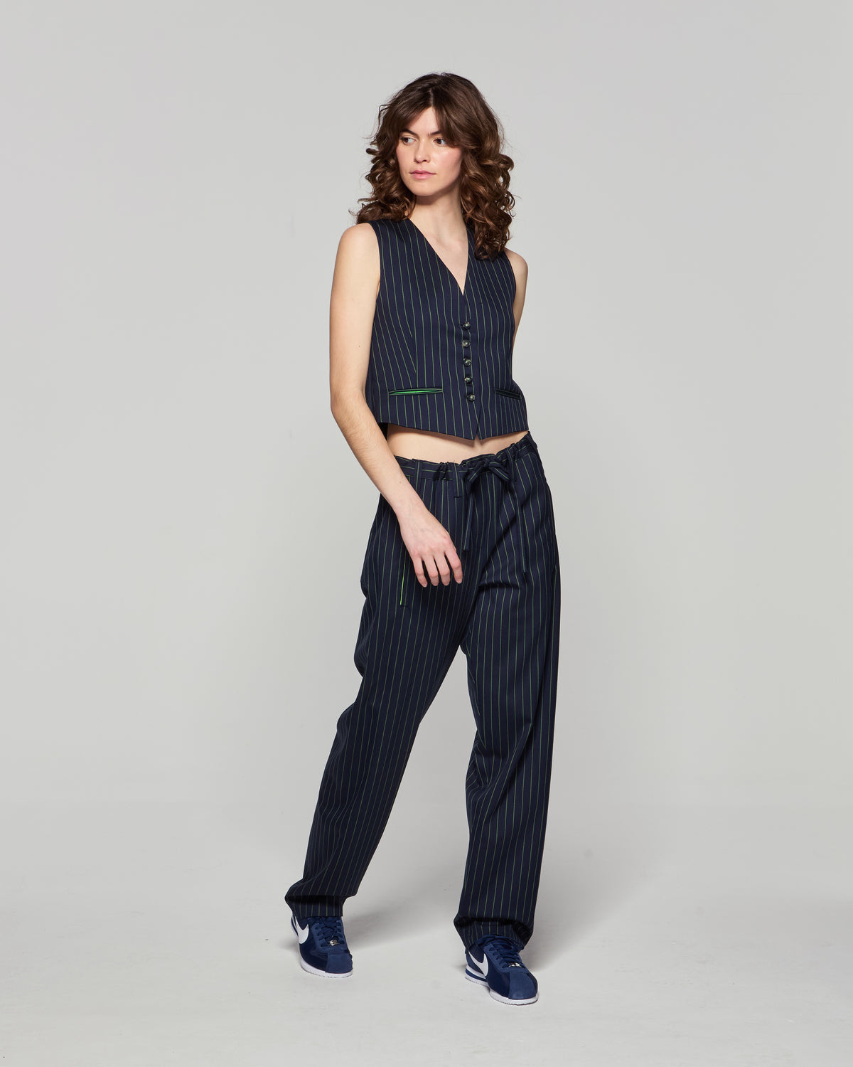 Wool Pinstripe Utility Trouser - Navy/Green