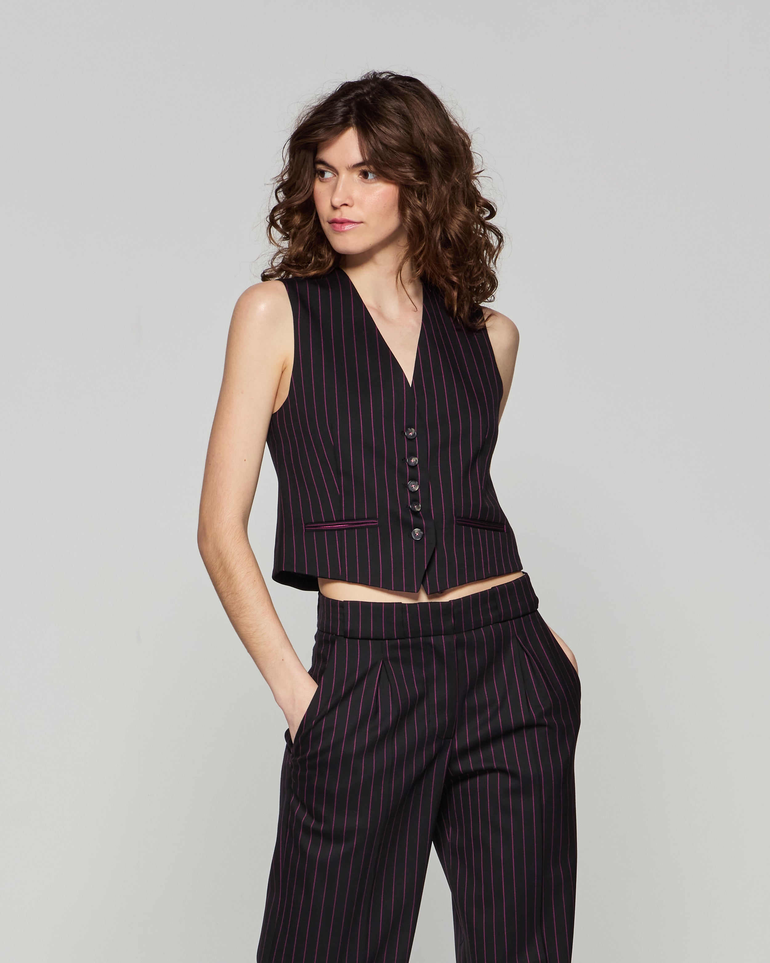 Wool Pinstripe Waistcoat - Black/Pink