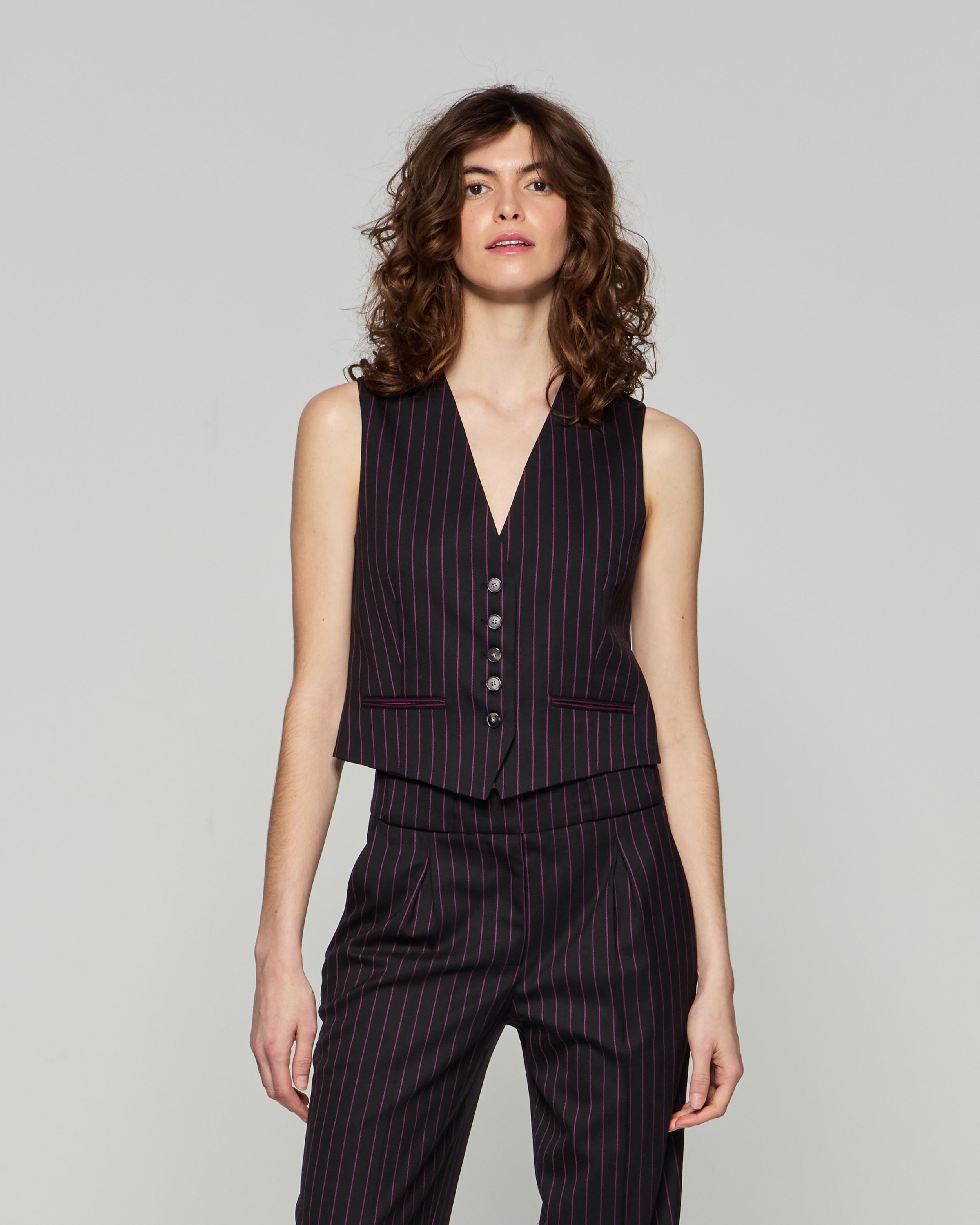 Wool Pinstripe Waistcoat - Black/Pink